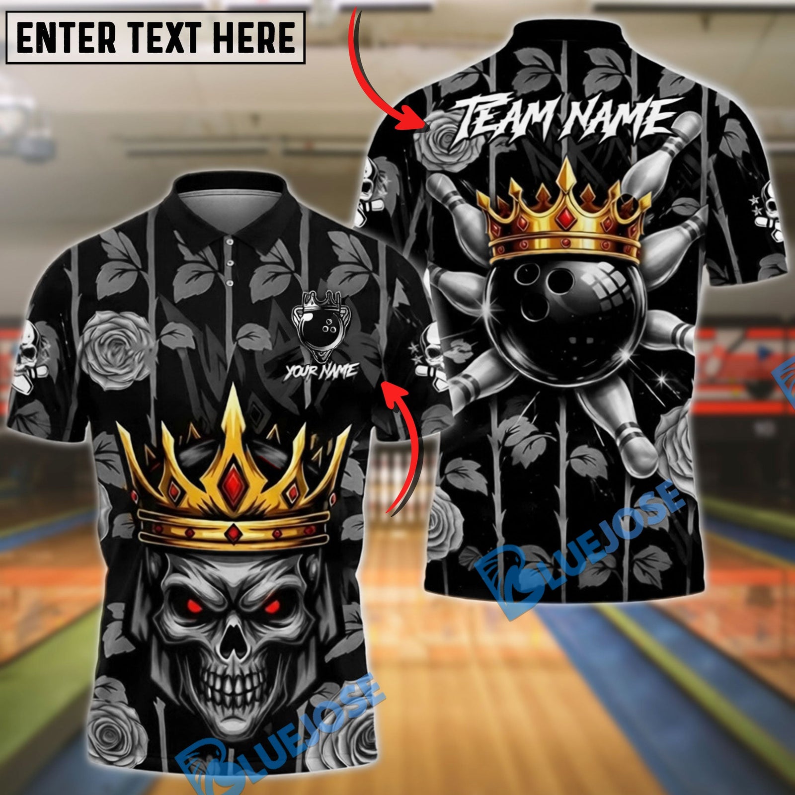 BlueJose Bowling & Pins King Skull Golden Rose Floral Customized Name, Team Name 3D Shirt (6 Colors)