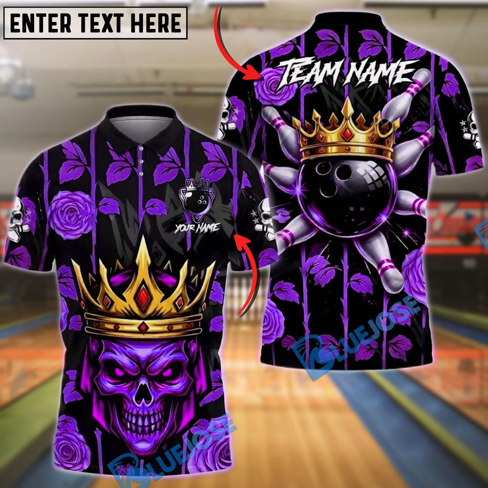BlueJose Bowling & Pins King Skull Golden Rose Floral Customized Name, Team Name 3D Shirt (6 Colors)