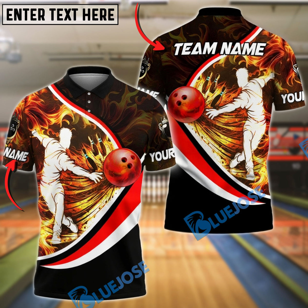 BlueJose Bowling &amp; Pins Player Silhouette Flame Swoosh Customized Name, Team Name 3D Shirt (4 Colors)