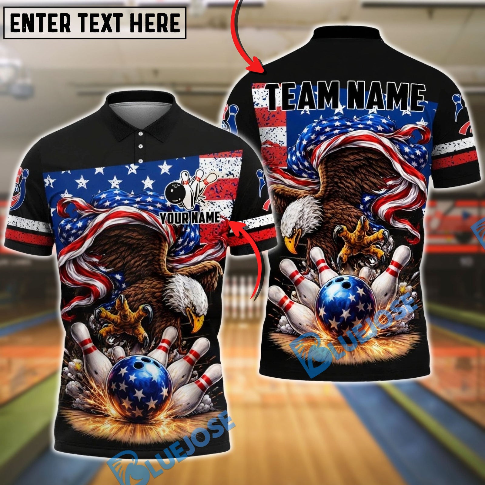 BlueJose Bowling & Pins Patriotic Eagle Slam Strike American Flag Customized Name, Team Name 3D Shirt (6 Colors)