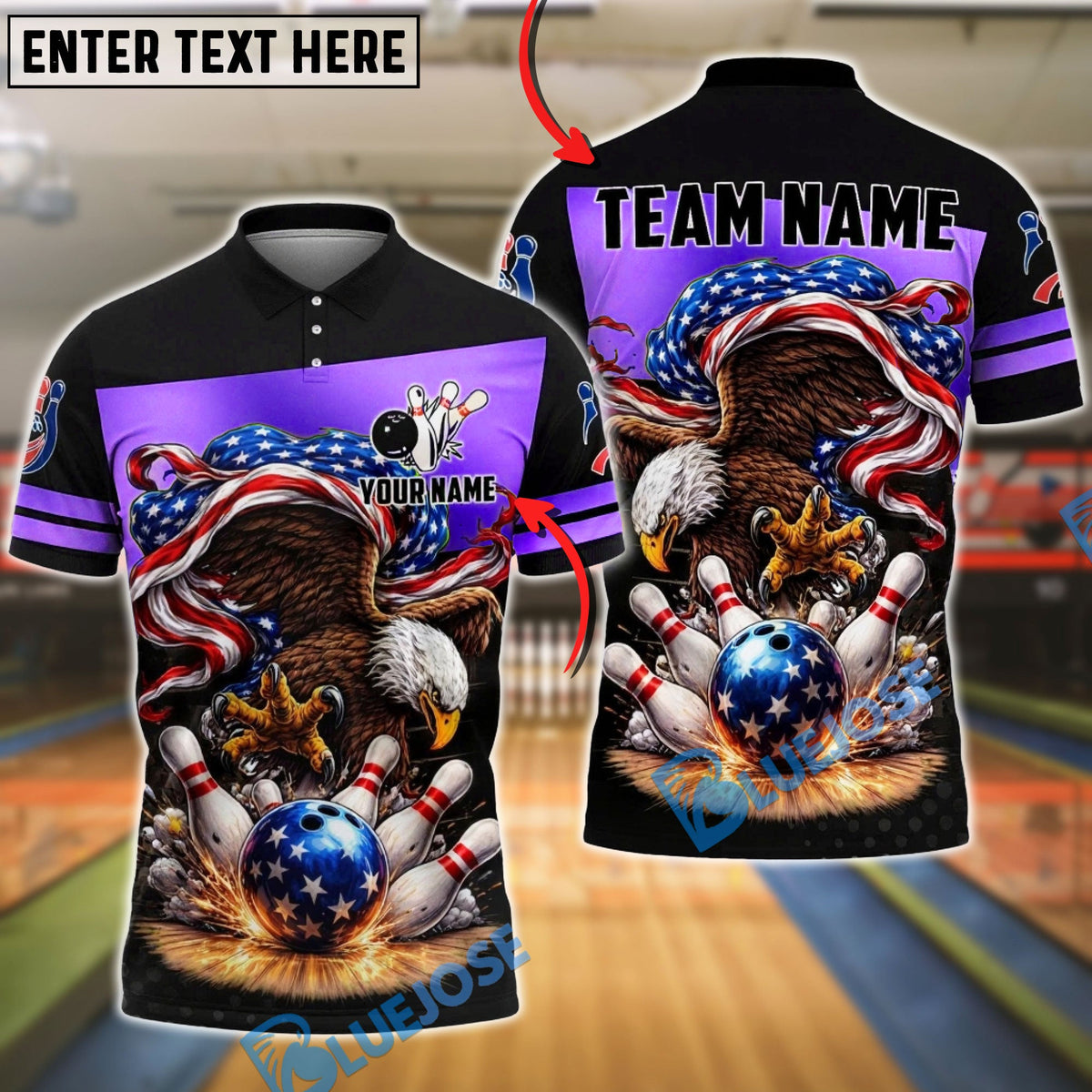BlueJose Bowling & Pins Patriotic Eagle Slam Strike American Flag Customized Name, Team Name 3D Shirt (6 Colors)