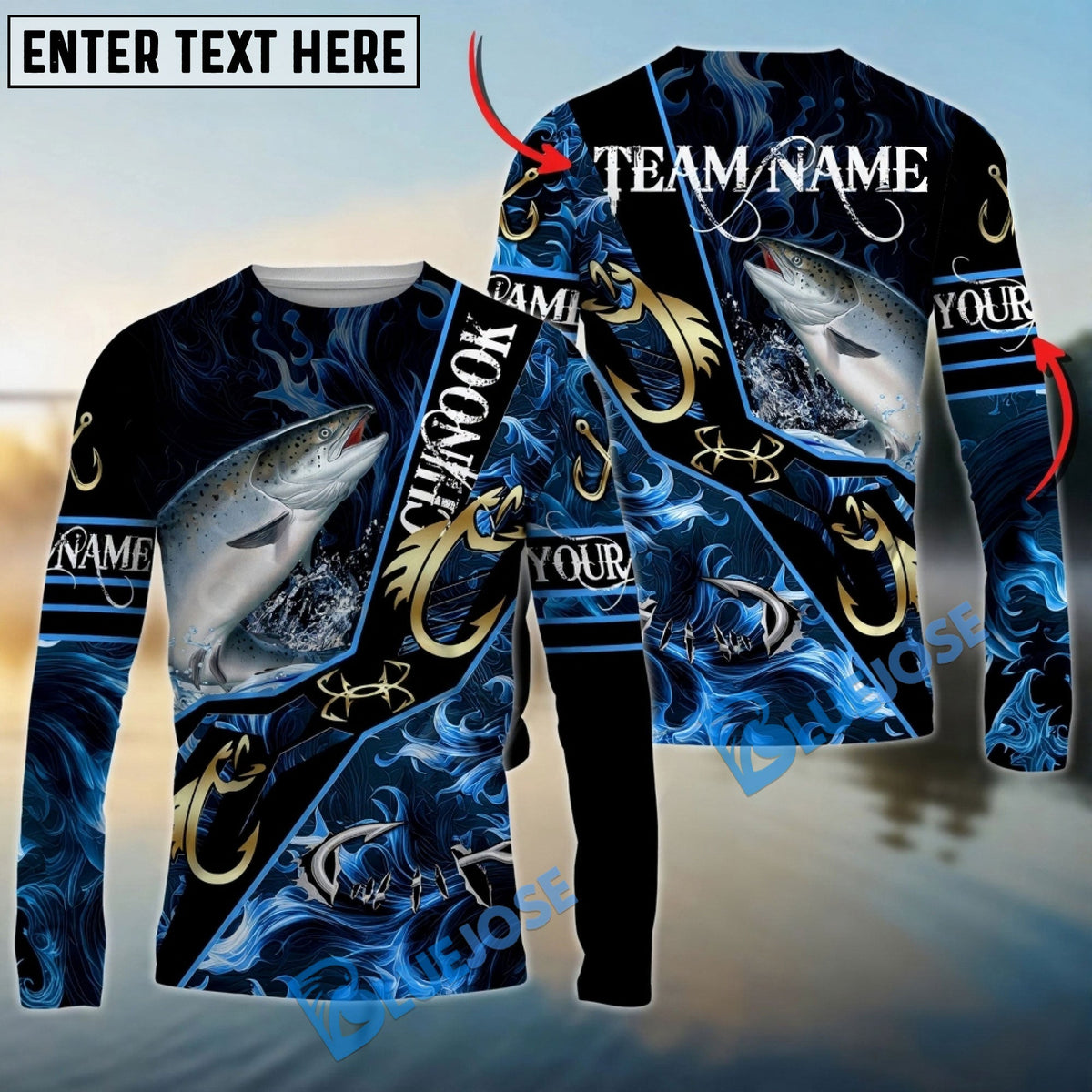 Bluejose Chinook Salmon Fishing Realistic Jumping Blue Water Flame Golden Hooks Custom Name &amp; Team Name 3D Shirts