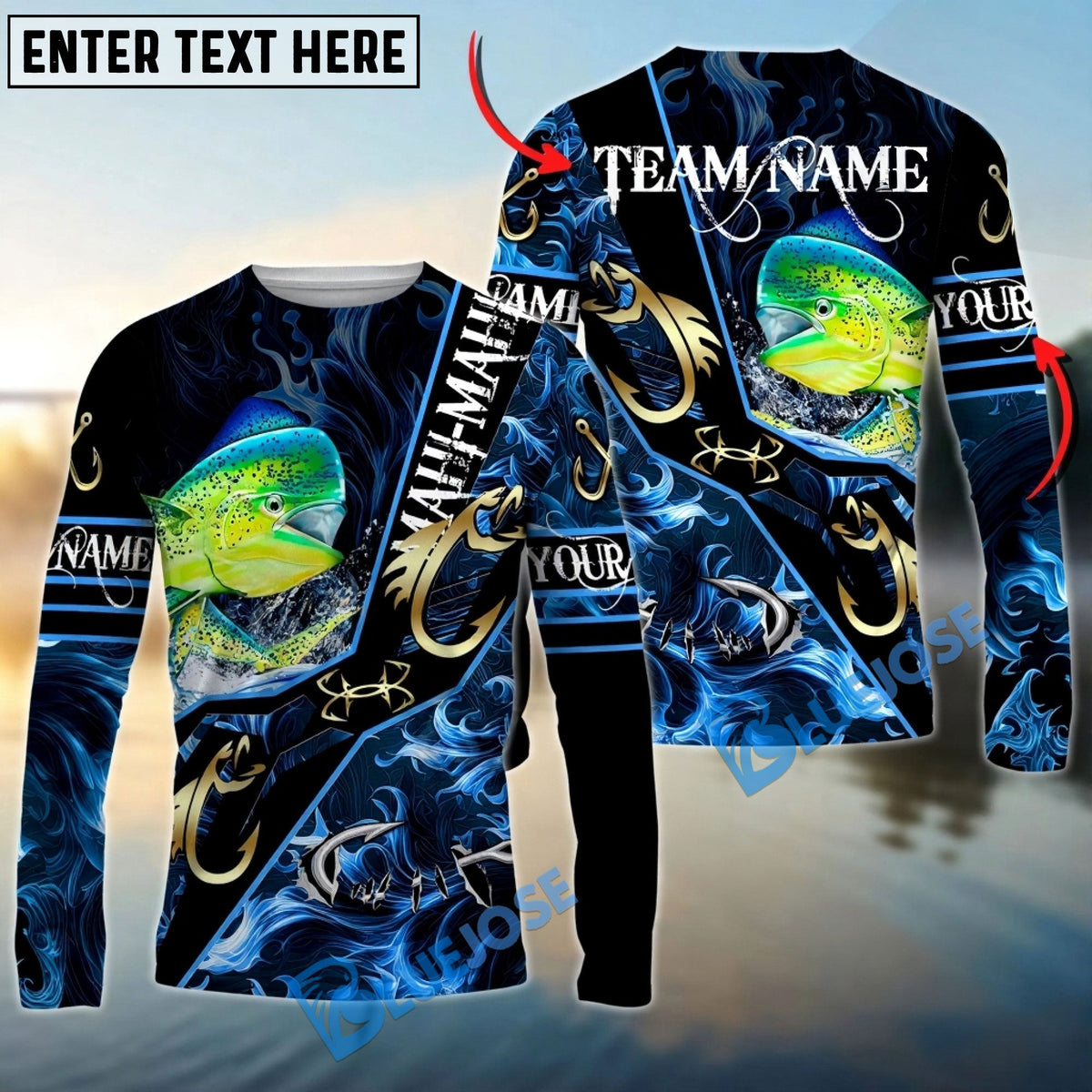 Bluejose Mahi-Mahi Fishing Realistic Jumping Blue Water Flame Golden Hooks Custom Name &amp; Team Name 3D Shirts