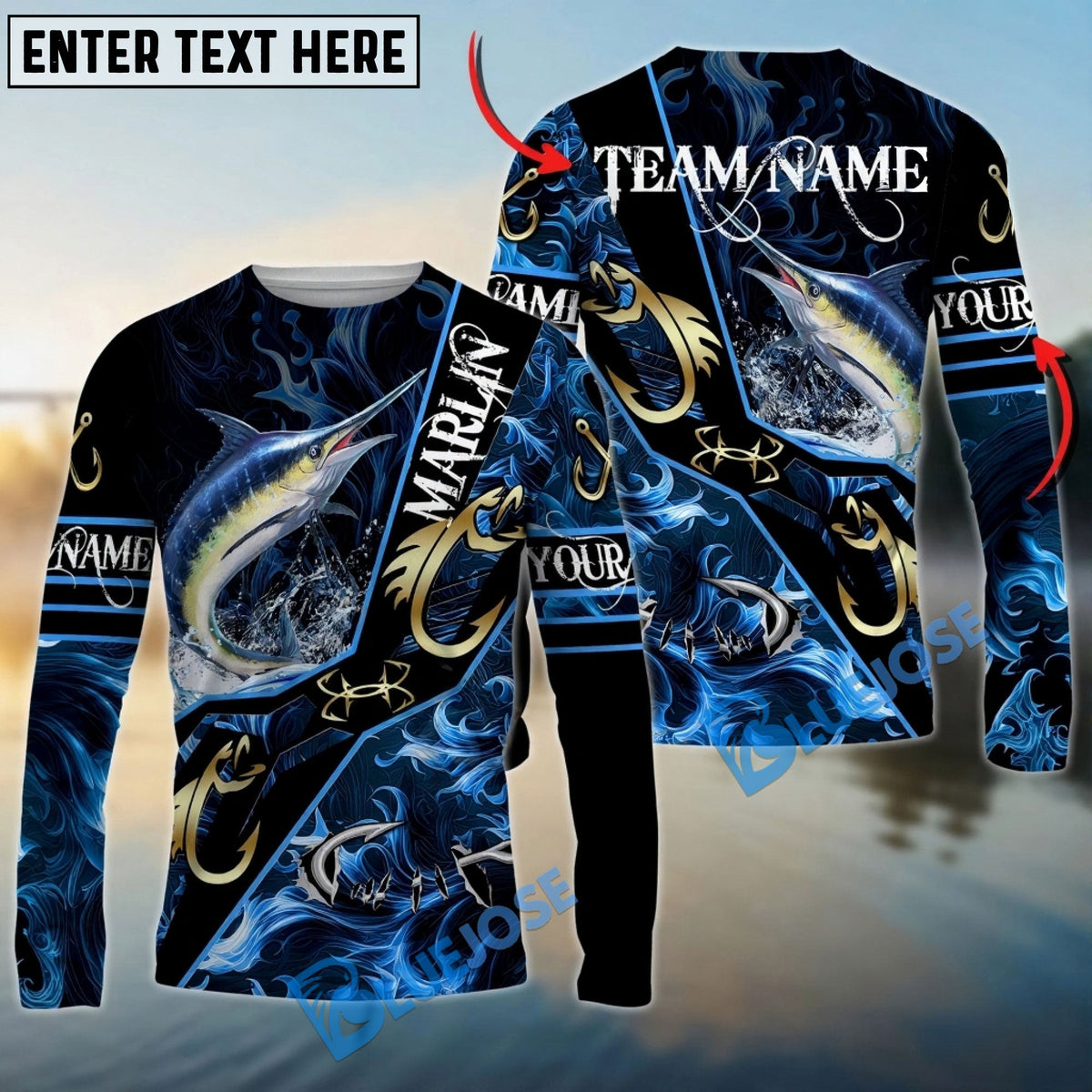 Bluejose Marlin Fishing Realistic Jumping Blue Water Flame Golden Hooks Custom Name &amp; Team Name 3D Shirts