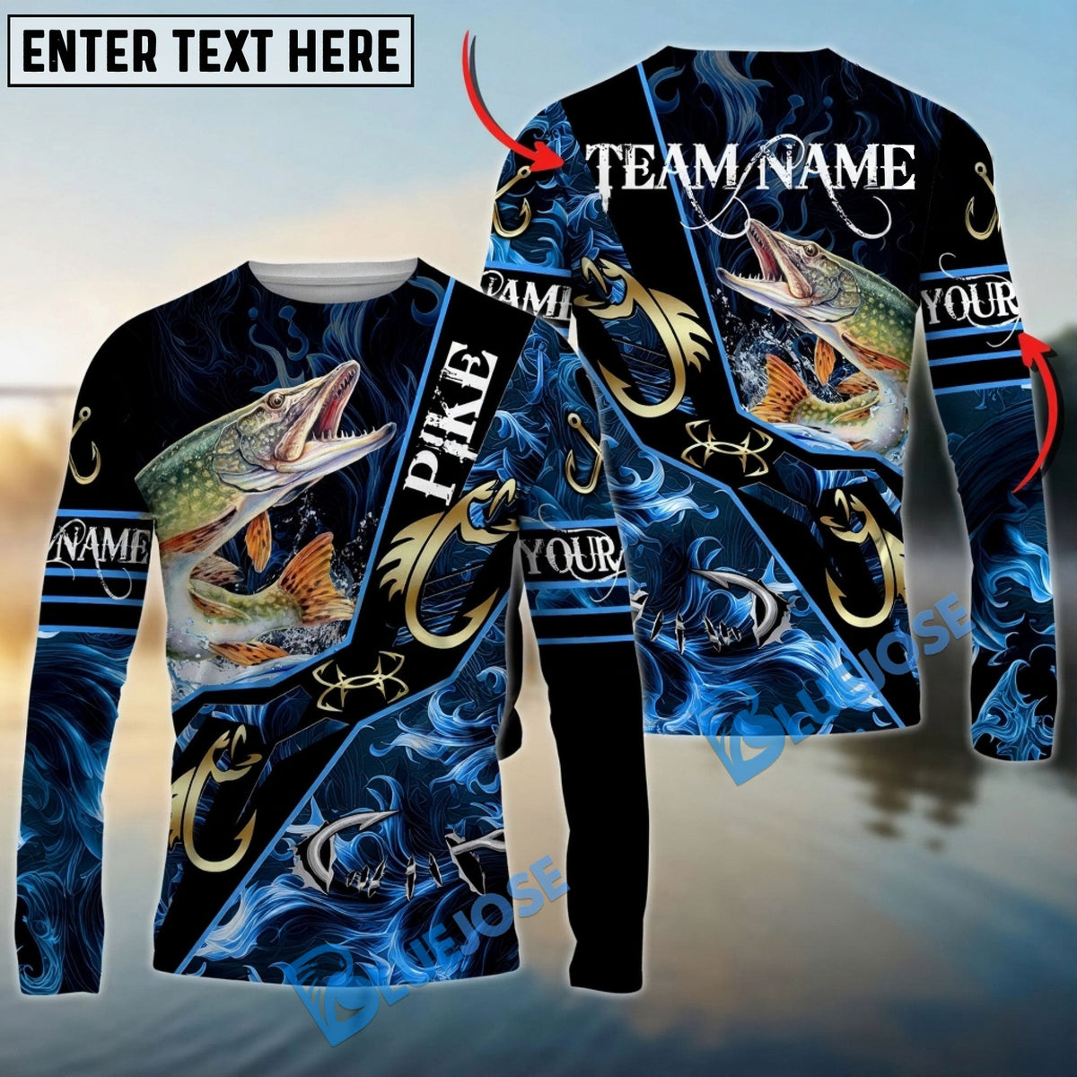 Bluejose Pike Fishing Realistic Jumping Blue Water Flame Golden Hooks Custom Name &amp; Team Name 3D Shirts