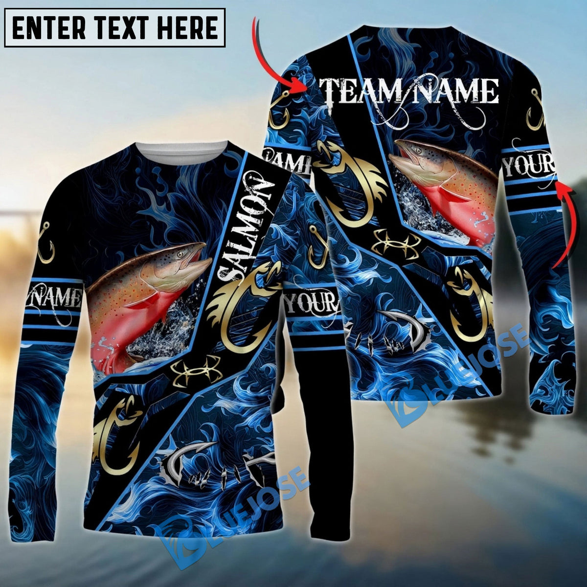 Bluejose Salmon Fishing Realistic Jumping Blue Water Flame Golden Hooks Custom Name &amp; Team Name 3D Shirts