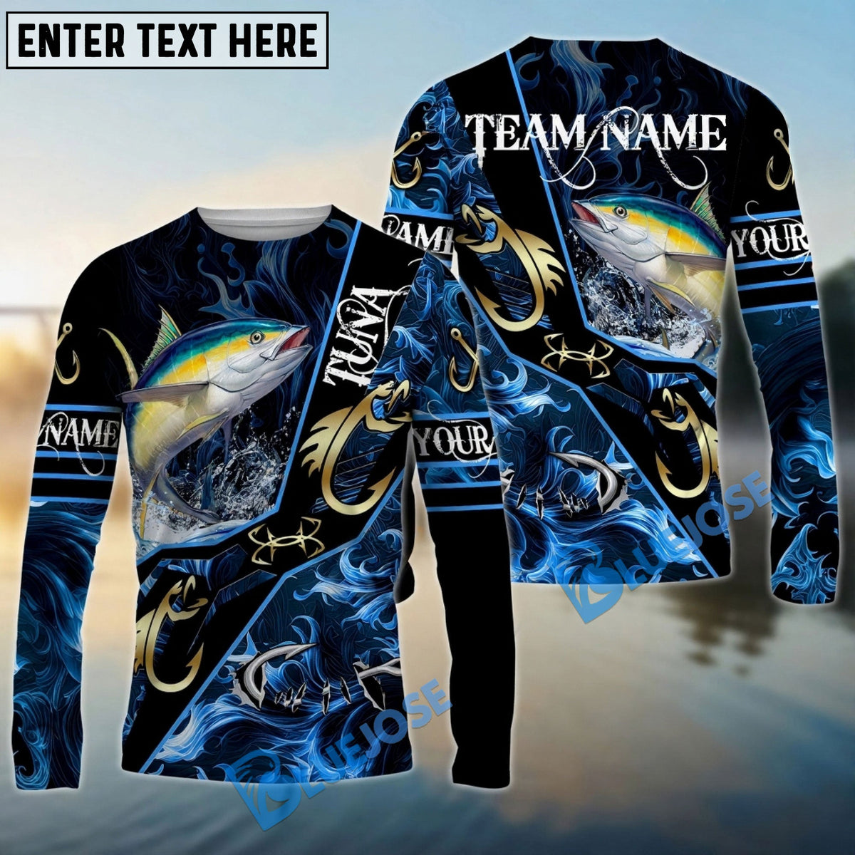 Bluejose Tuna Fishing Realistic Jumping Blue Water Flame Golden Hooks Custom Name &amp; Team Name 3D Shirts
