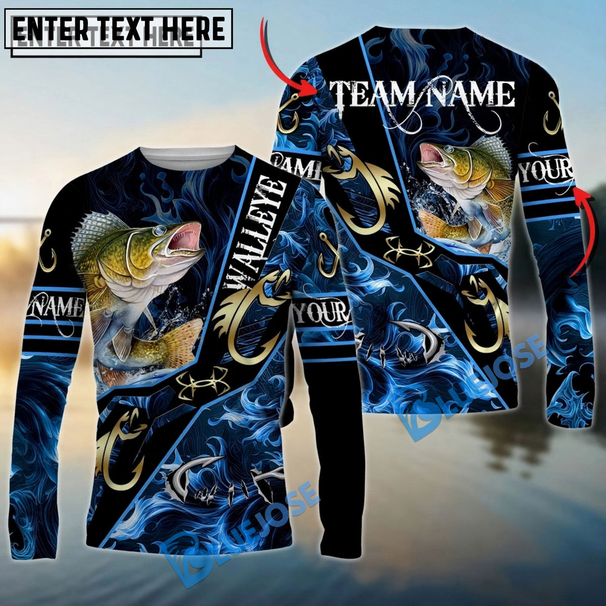 Bluejose Walleye Fishing Realistic Jumping Blue Water Flame Golden Hooks Custom Name &amp; Team Name 3D Shirts