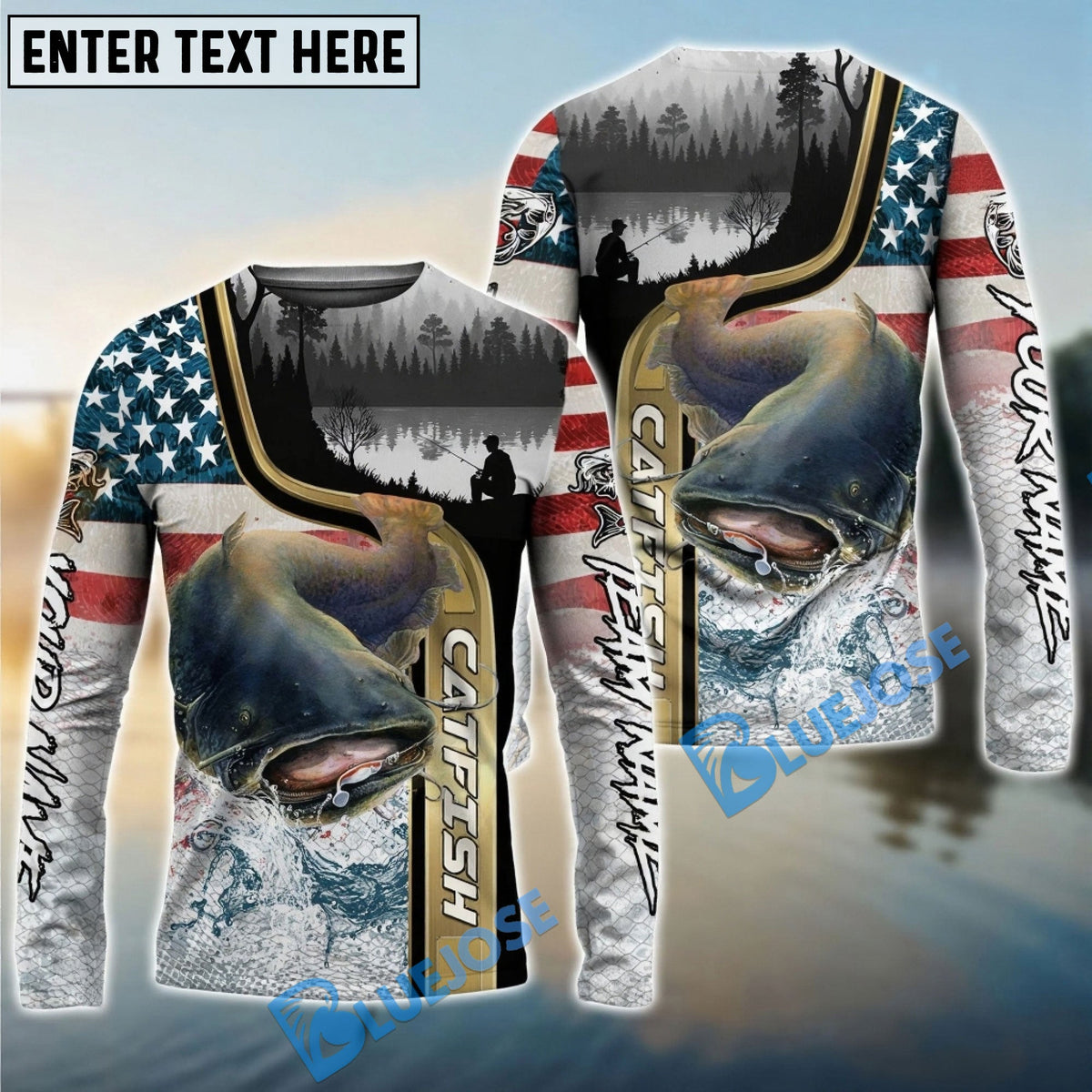 Bluejose Catfish Fishing Giant Fish Water Splash American Flag Landscape Custom Name &amp; Team Name 3D Shirts