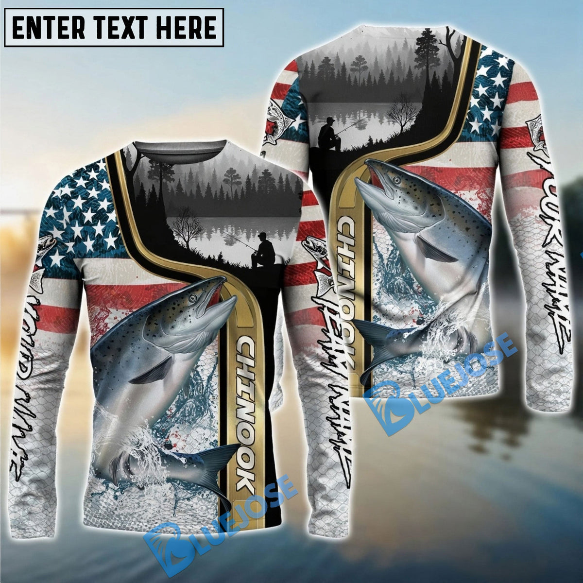 Bluejose Chinook Salmon Fishing Giant Fish Water Splash American Flag Landscape Custom Name &amp; Team Name 3D Shirts
