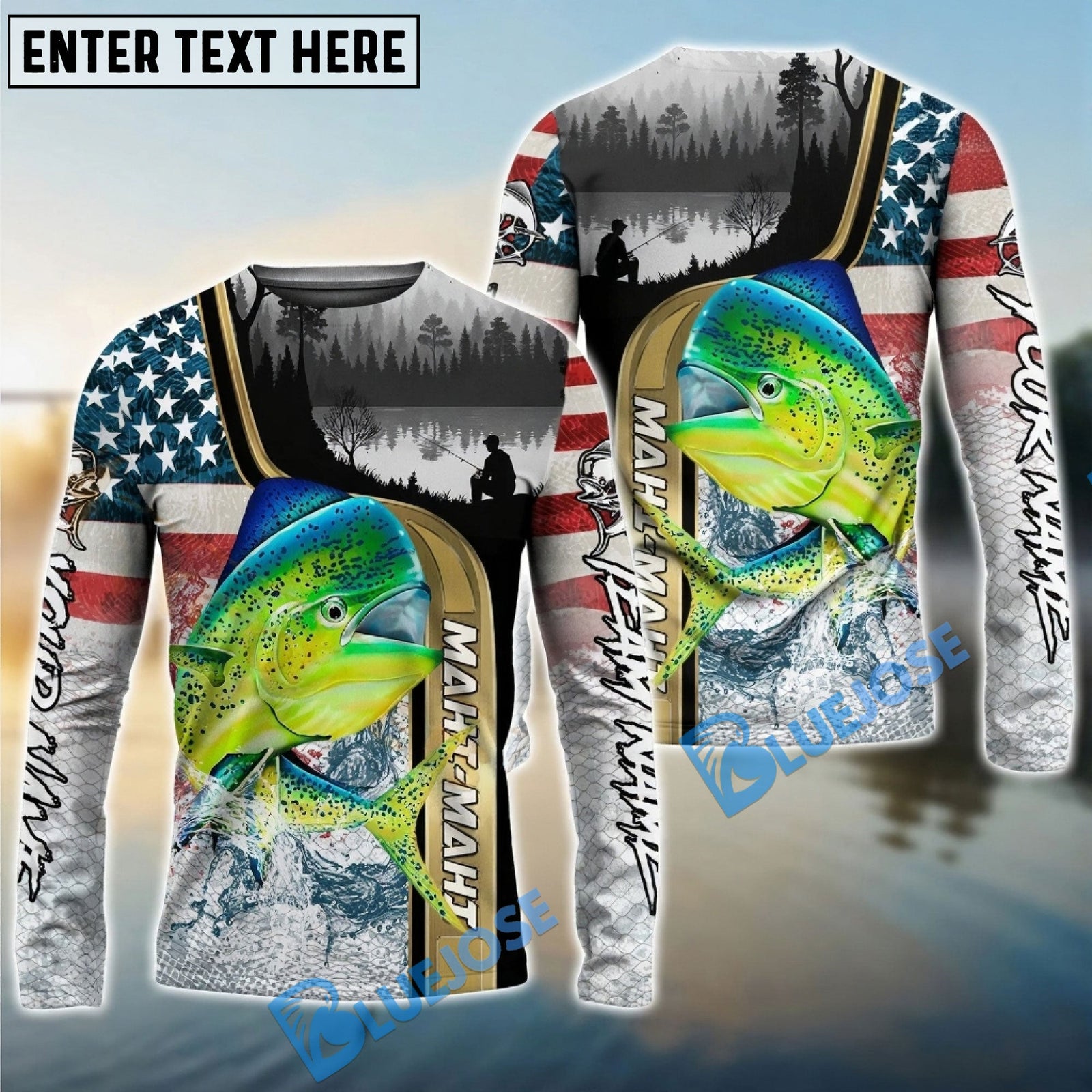 Bluejose Mahi-mahi Fishing Giant Fish Water Splash American Flag Landscape Custom Name & Team Name 3D Shirts
