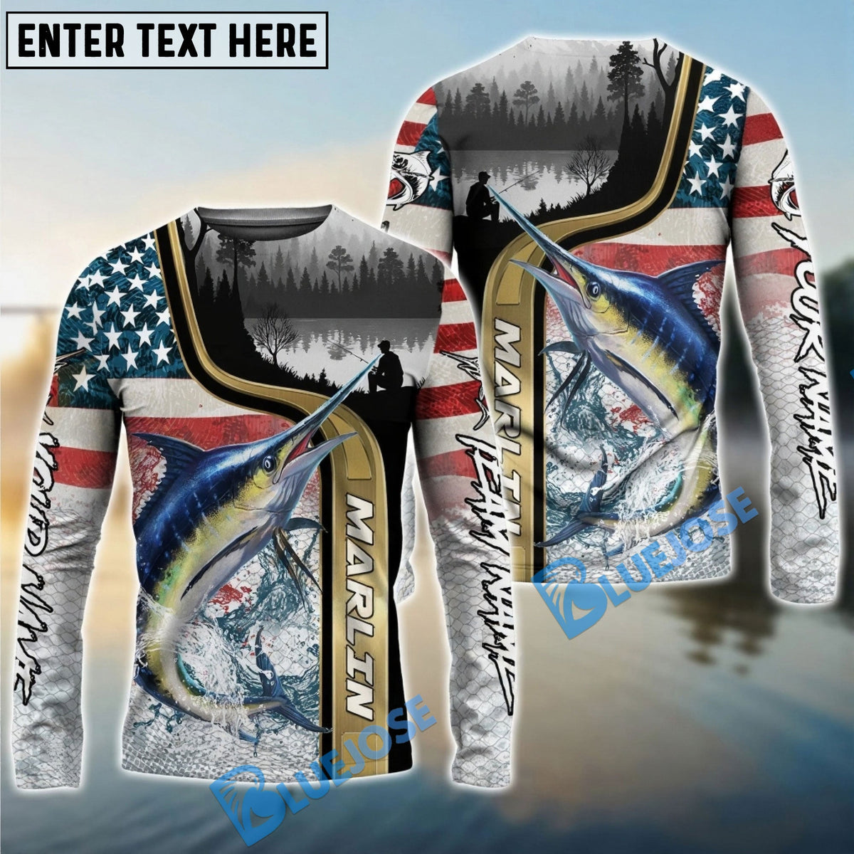 Bluejose Marlin Fishing Giant Fish Water Splash American Flag Landscape Custom Name &amp; Team Name 3D Shirts