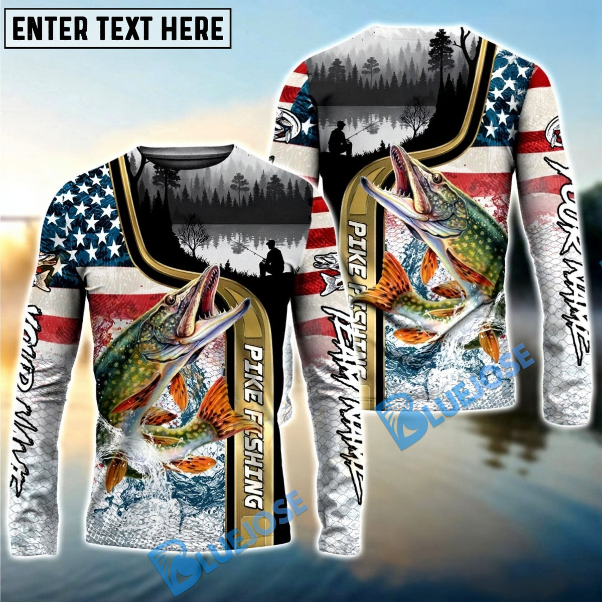 Bluejose Pike Fishing Giant Fish Water Splash American Flag Landscape Custom Name &amp; Team Name 3D Shirts