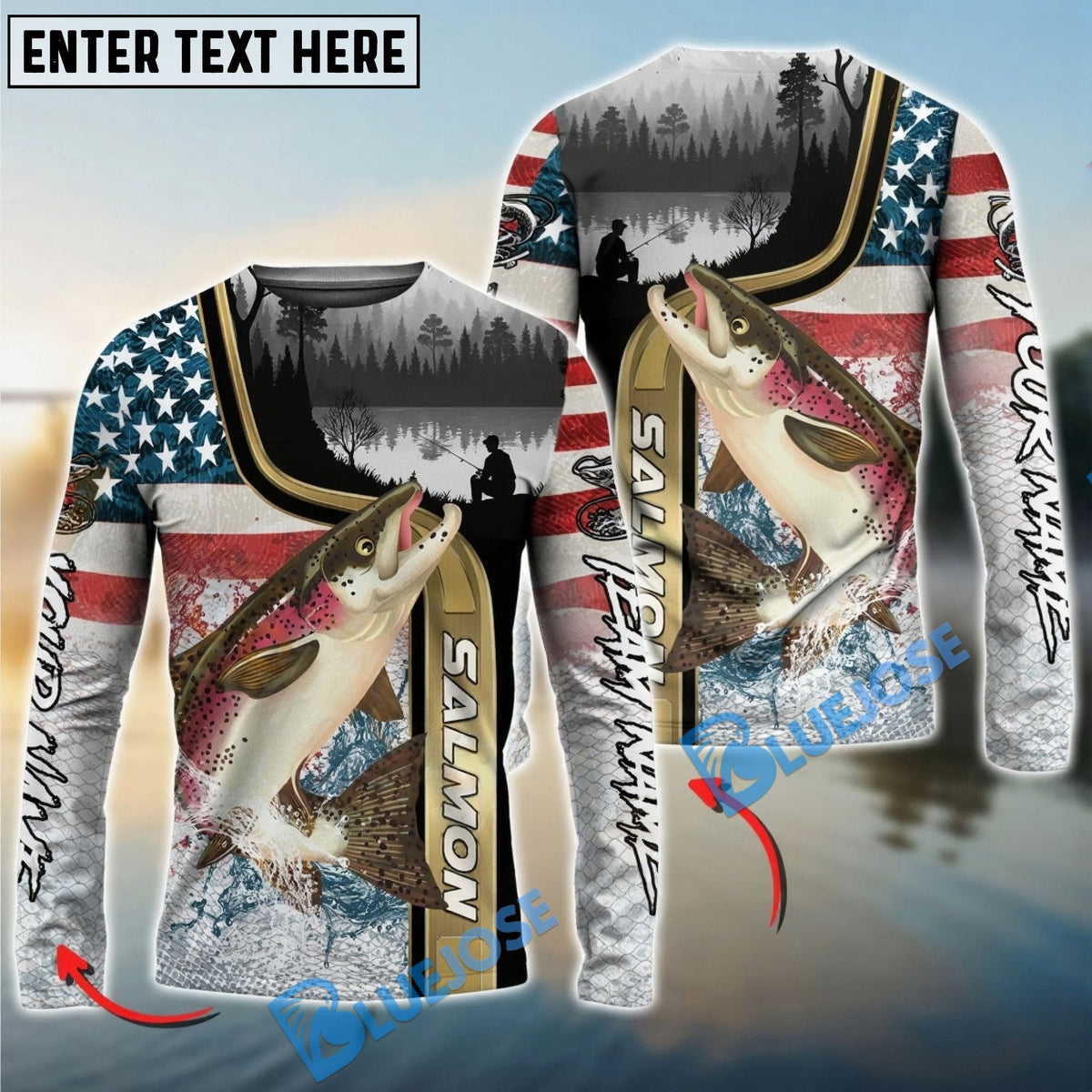 Bluejose Salmon Fishing Giant Fish Water Splash American Flag Landscape Custom Name &amp; Team Name 3D Shirts