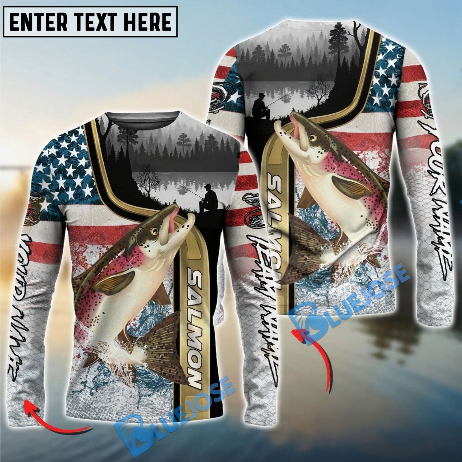 Bluejose Salmon Fishing Giant Fish Water Splash American Flag Landscape Custom Name & Team Name 3D Shirts