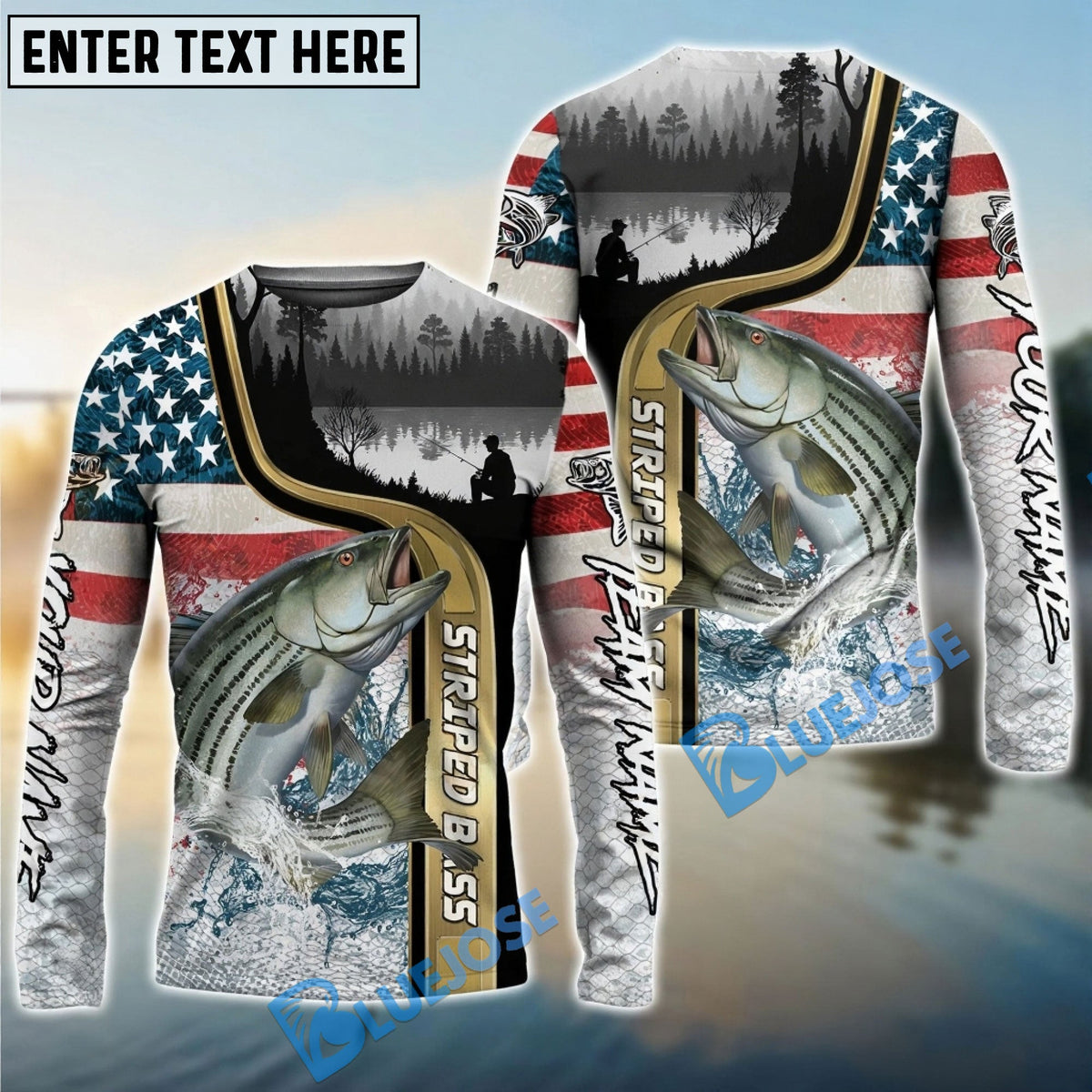 Bluejose Striped Bass Fishing Giant Fish Water Splash American Flag Landscape Custom Name &amp; Team Name 3D Shirts