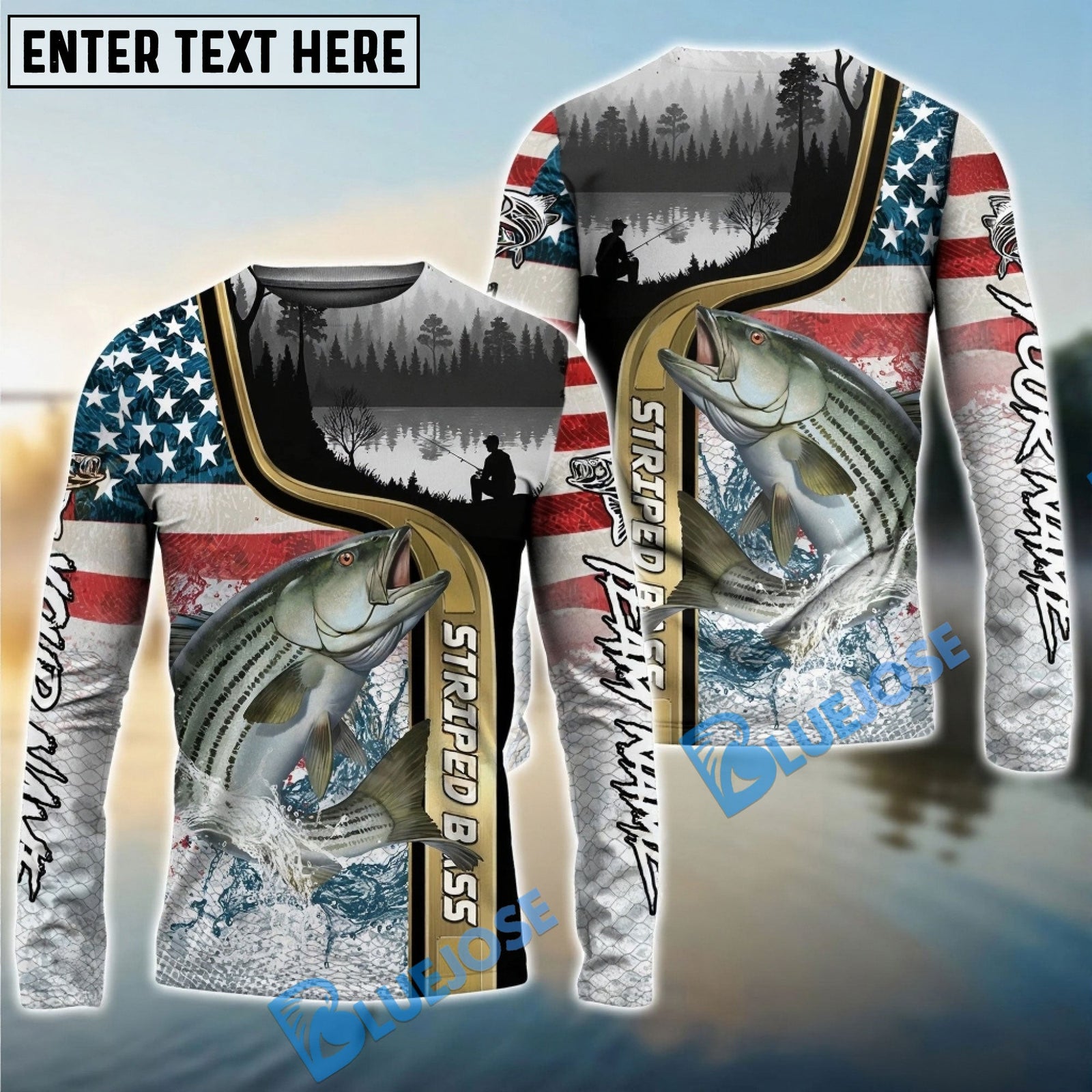 Bluejose Striped Bass Fishing Giant Fish Water Splash American Flag Landscape Custom Name & Team Name 3D Shirts