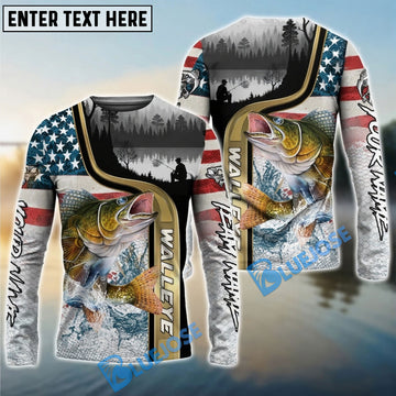 Bluejose Walleye Fishing Giant Fish Water Splash American Flag Landscape Custom Name & Team Name 3D Shirts