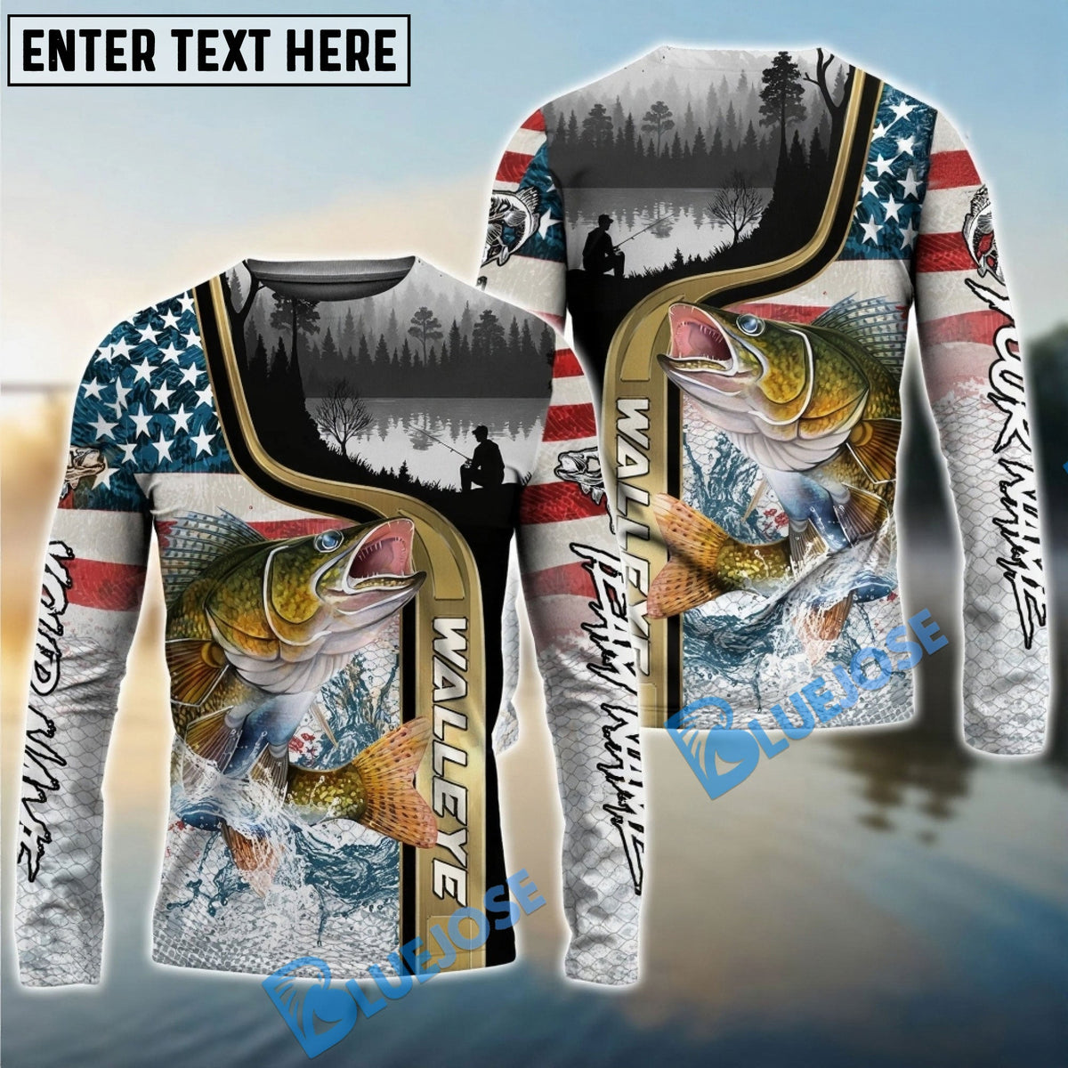 Bluejose Walleye Fishing Giant Fish Water Splash American Flag Landscape Custom Name &amp; Team Name 3D Shirts