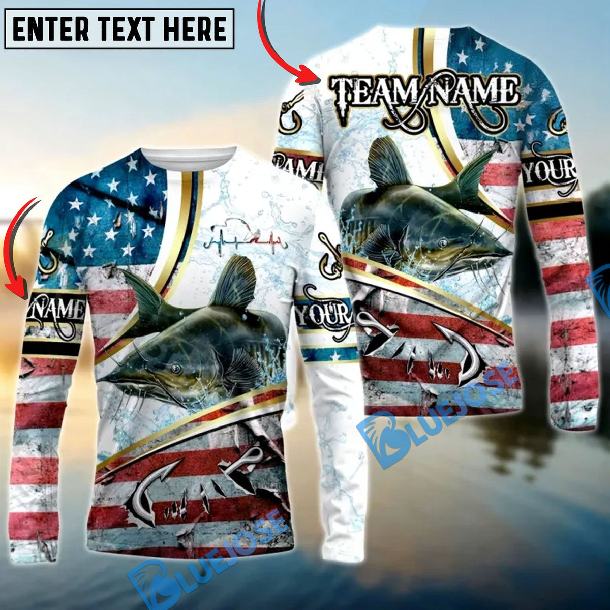 Bluejose Catfish Fishing USA Flag Dynamic Splash Custom Name &amp; Team Name 3D Shirts