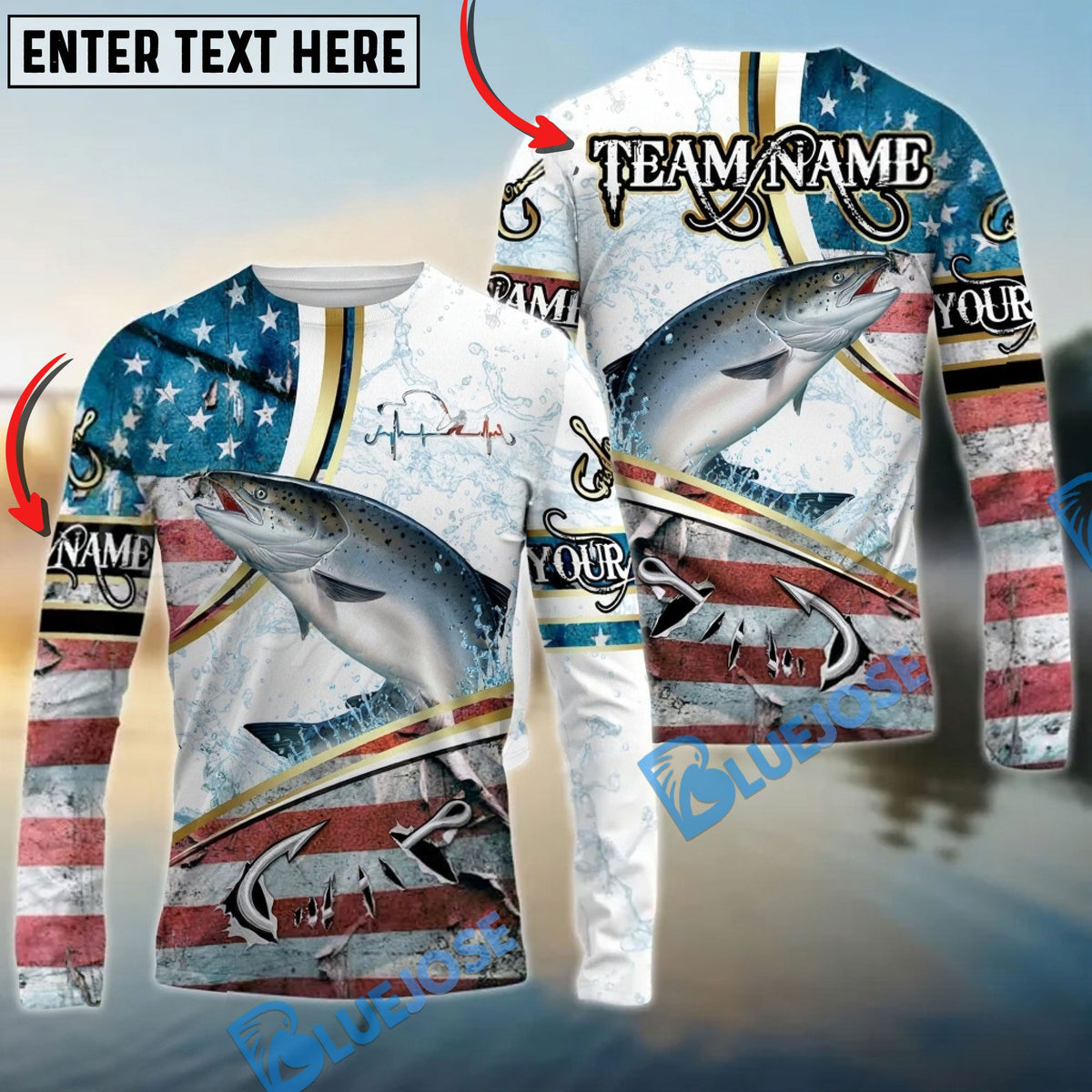 Bluejose Chinook Salmon Fishing USA Flag Dynamic Splash Custom Name &amp; Team Name 3D Shirts