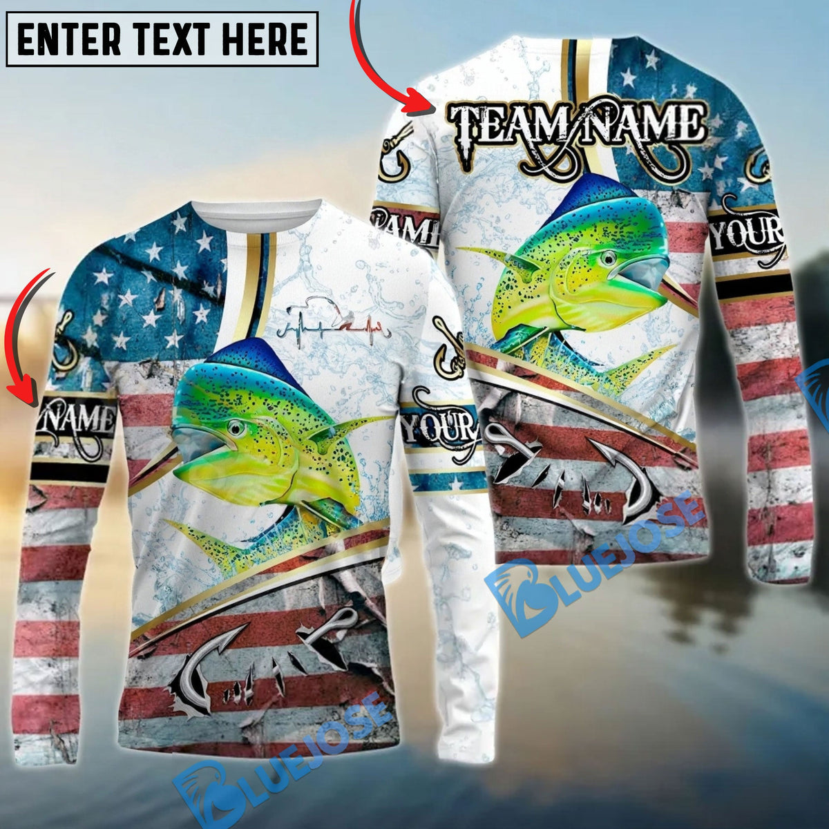 Bluejose Mahi-mahi Fishing USA Flag Dynamic Splash Custom Name &amp; Team Name 3D Shirts