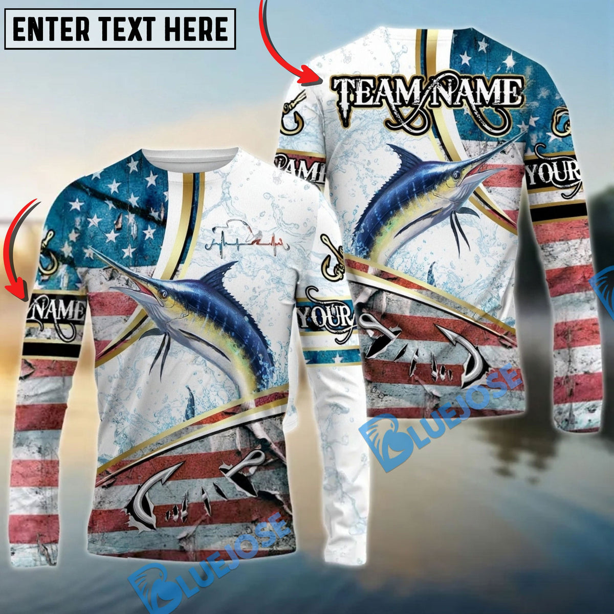 Bluejose Marlin Fishing USA Flag Dynamic Splash Custom Name &amp; Team Name 3D Shirts