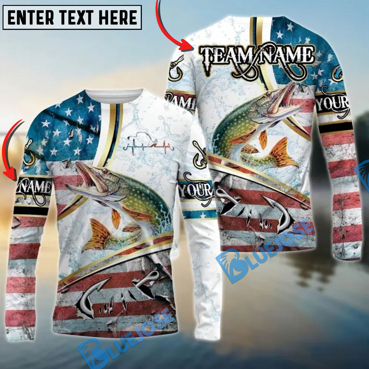 Bluejose Pike Fishing USA Flag Dynamic Splash Custom Name &amp; Team Name 3D Shirts