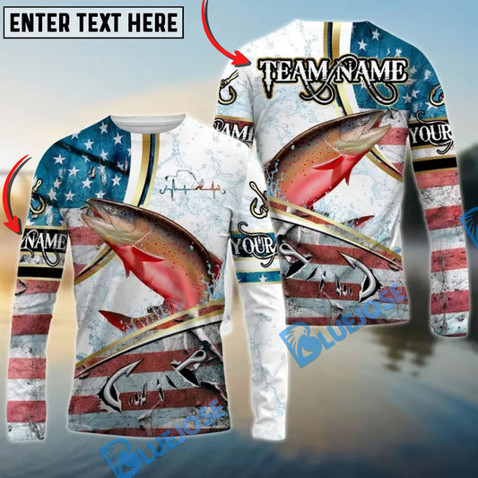 Bluejose Salmon Fishing USA Flag Dynamic Splash Custom Name & Team Name 3D Shirts