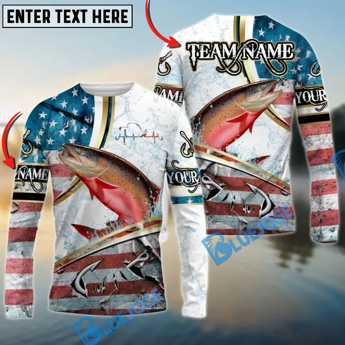 Bluejose Salmon Fishing USA Flag Dynamic Splash Custom Name &amp; Team Name 3D Shirts