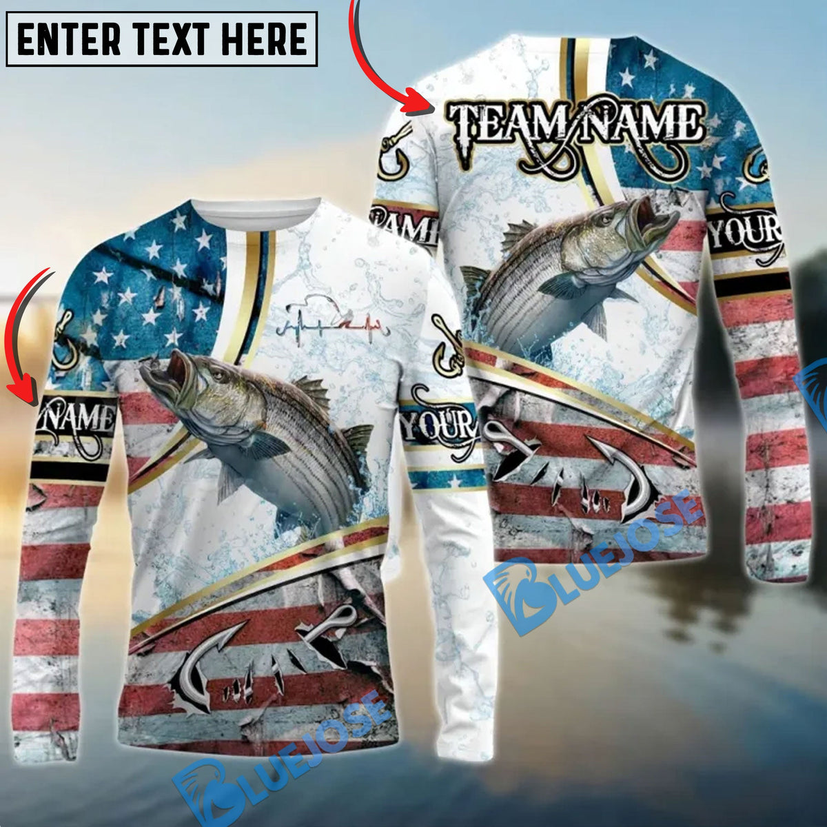 Bluejose Striped Bass Fishing USA Flag Dynamic Splash Custom Name &amp; Team Name 3D Shirts
