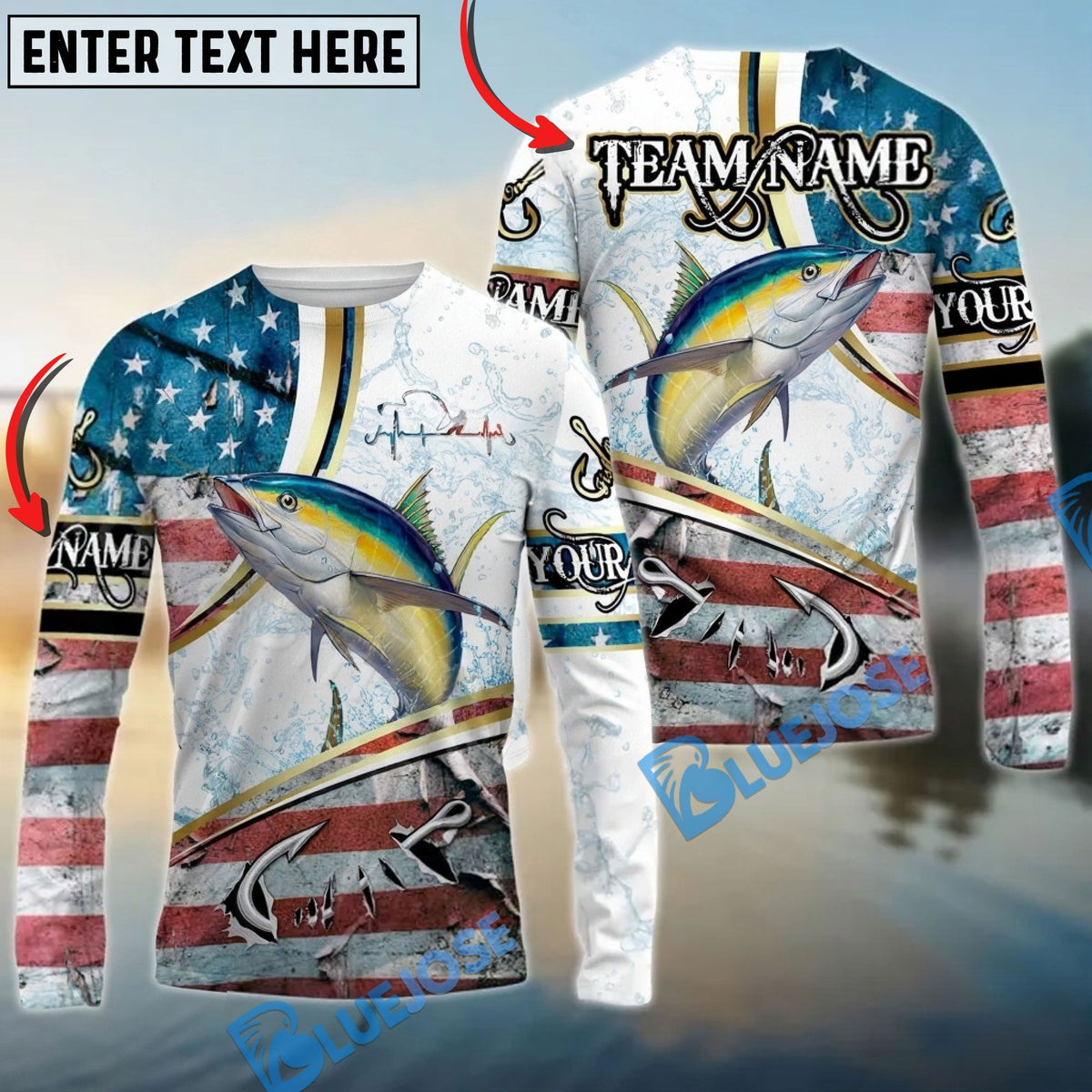 Bluejose Tuna Fishing USA Flag Dynamic Splash Custom Name &amp; Team Name 3D Shirts