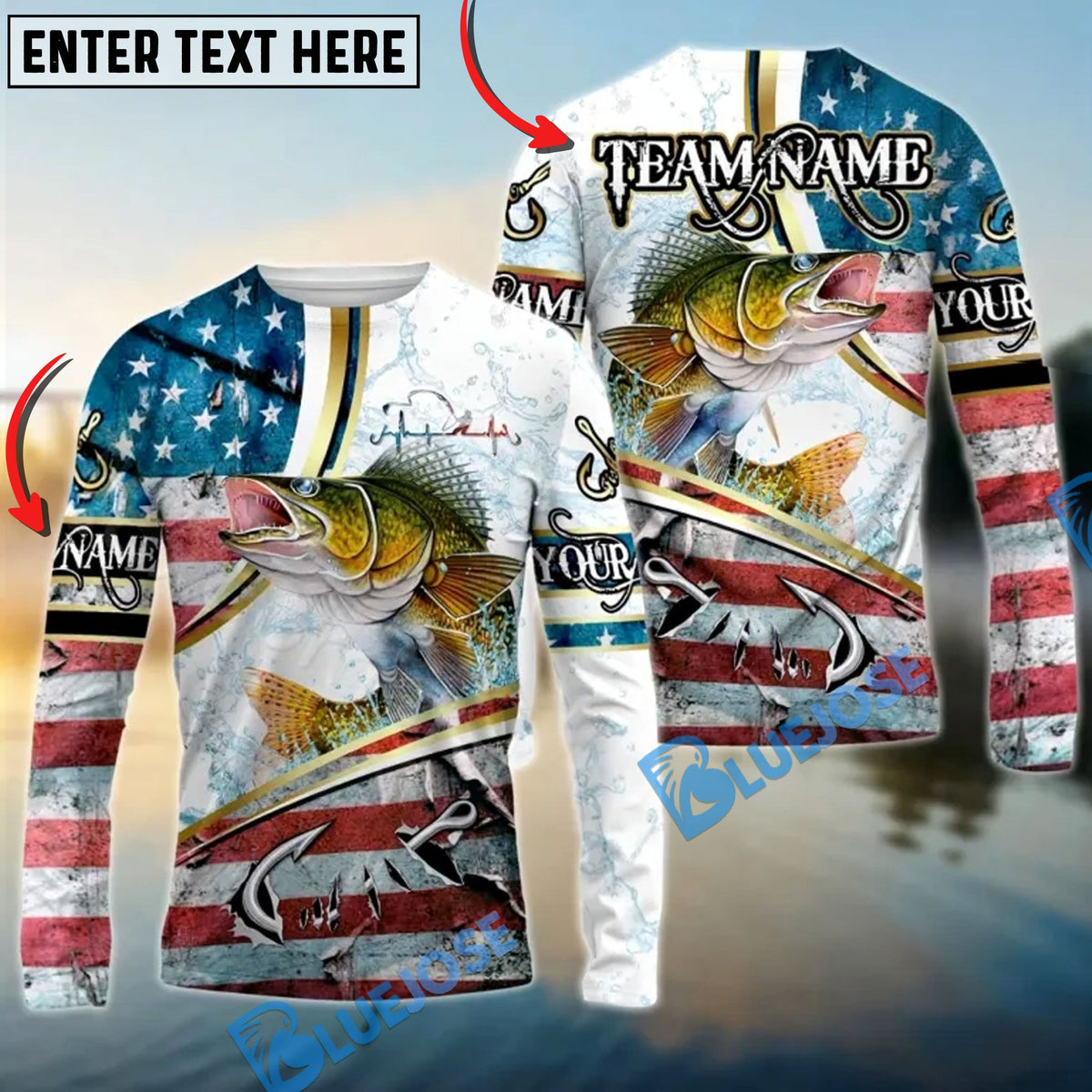 Bluejose Walleye Fishing USA Flag Dynamic Splash Custom Name &amp; Team Name 3D Shirts