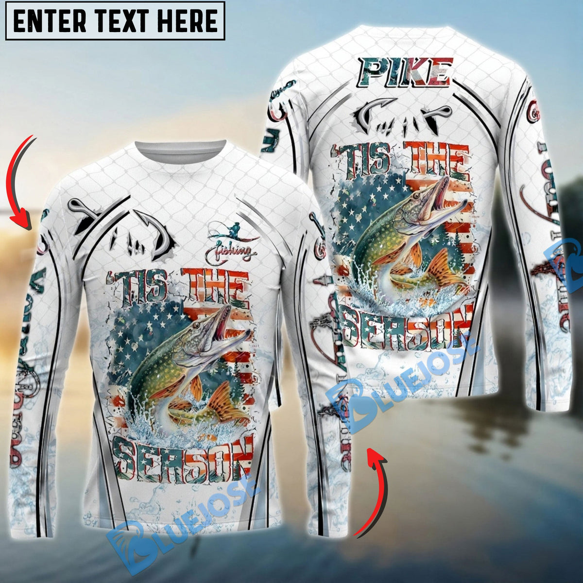 Bluejose Pike Fishing Aggressive Splash Design Custom Name &amp; Team Name 3D Shirts