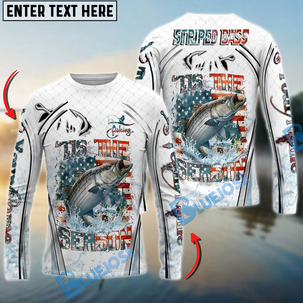 Bluejose Striped Bass Fishing Aggressive Splash Design Custom Name &amp; Team Name 3D Shirts