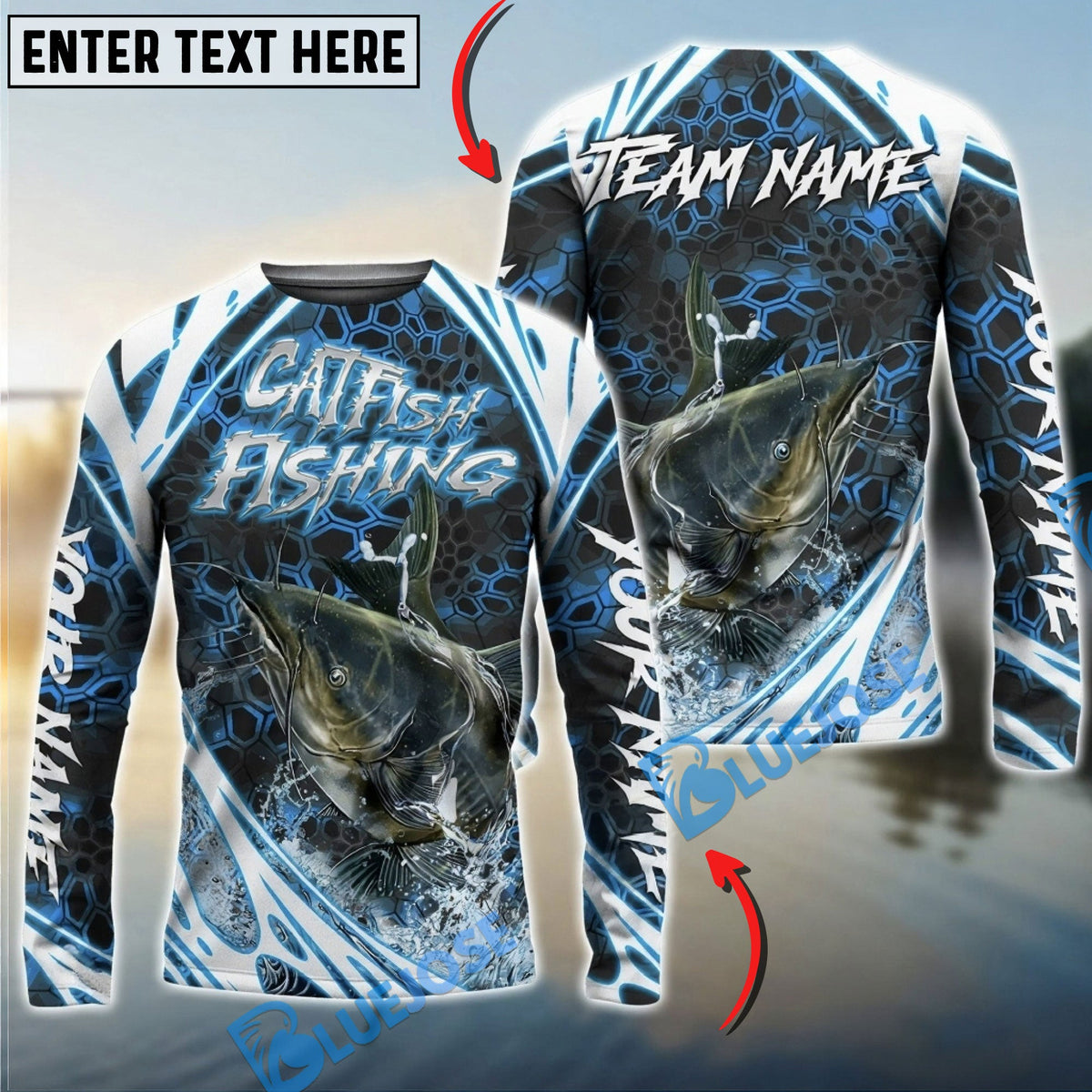 Bluejose Catfish Fishing Modern Hexagon Water Splash Custom Name &amp; Team Name 3D Shirts