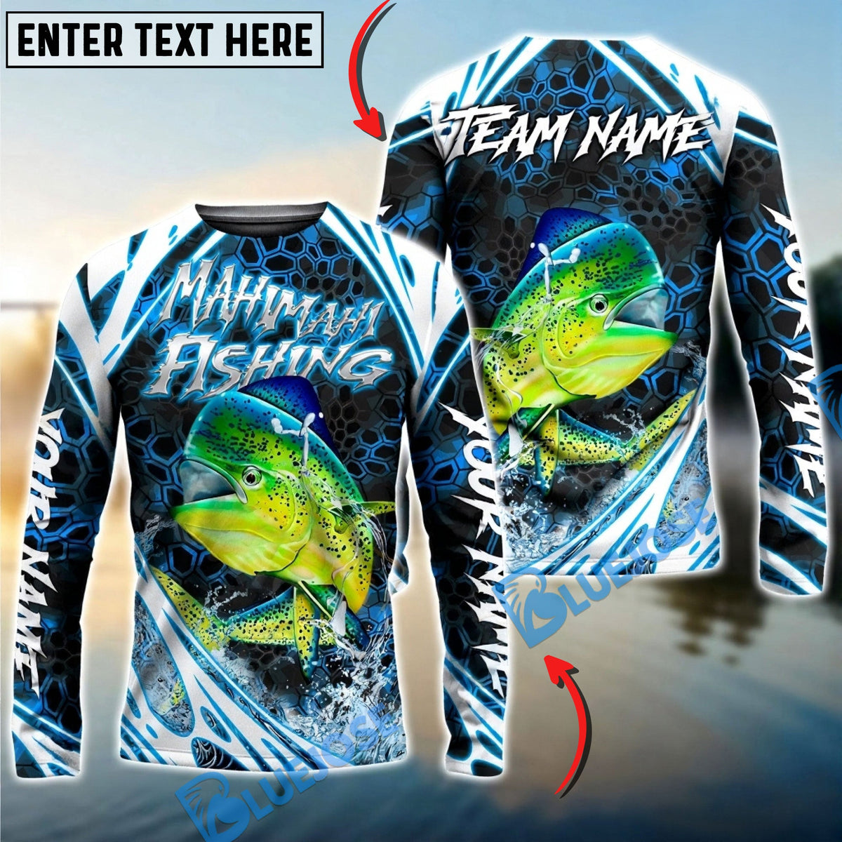Bluejose Mahi-mahi Fishing Modern Hexagon Water Splash Custom Name &amp; Team Name 3D Shirts