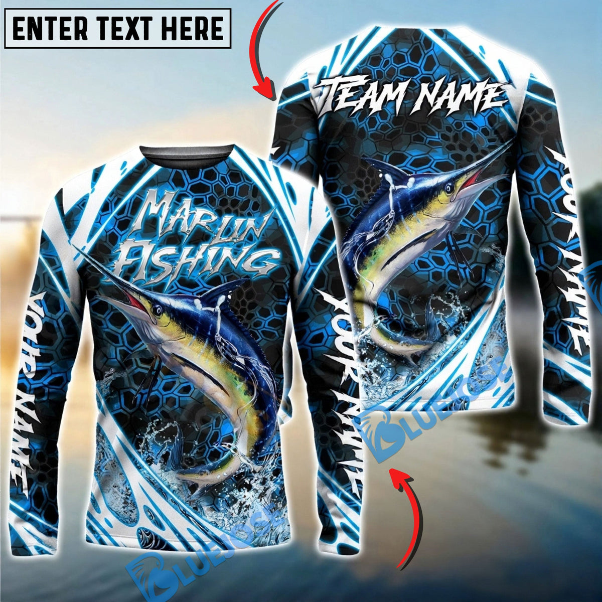 Bluejose Marlin Fishing Modern Hexagon Water Splash Custom Name &amp; Team Name 3D Shirts
