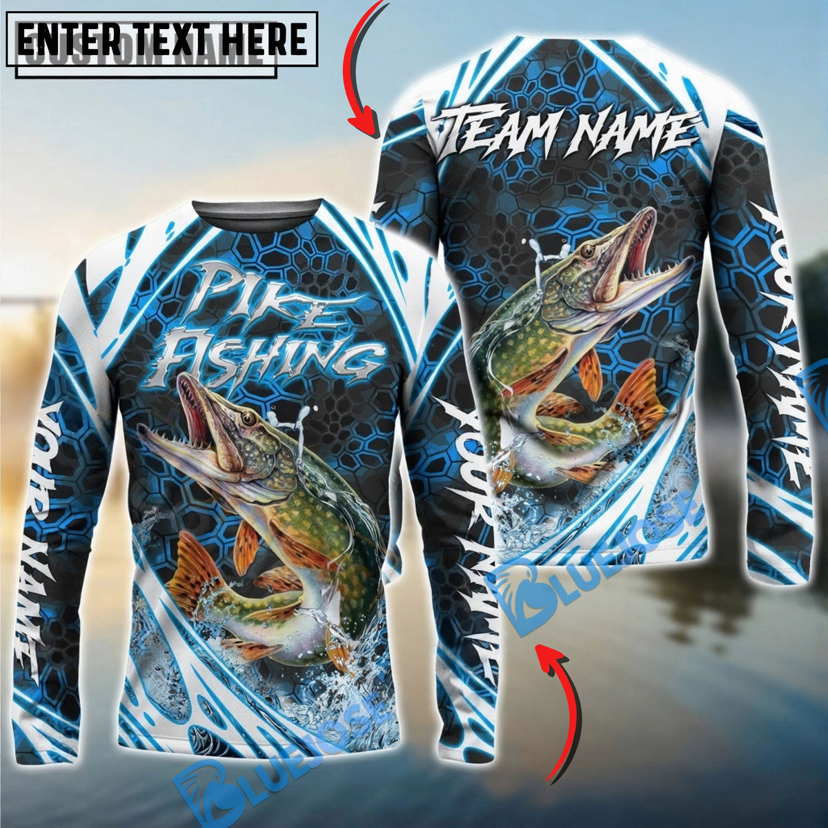 Bluejose Pike Fishing Modern Hexagon Water Splash Custom Name &amp; Team Name 3D Shirts