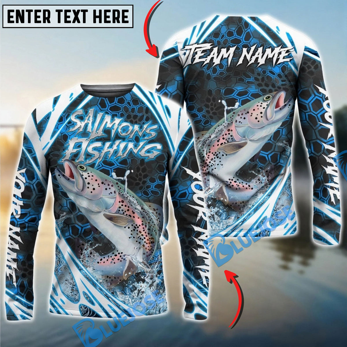 Bluejose Salmon Fishing Modern Hexagon Water Splash Custom Name &amp; Team Name 3D Shirts