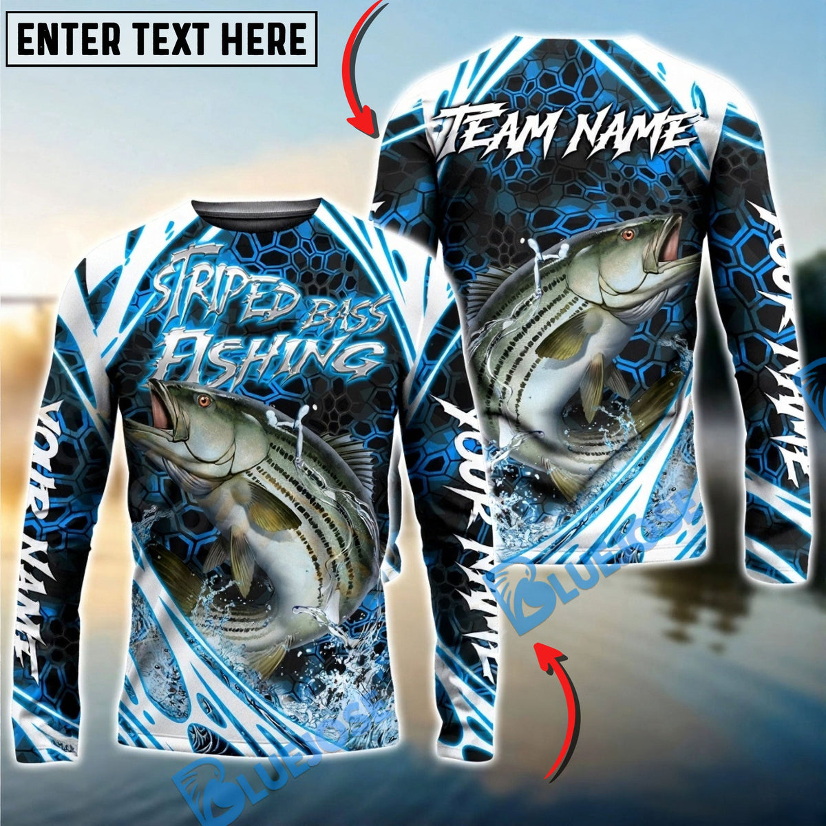 Bluejose Striped Bass Fishing Modern Hexagon Water Splash Custom Name &amp; Team Name 3D Shirts