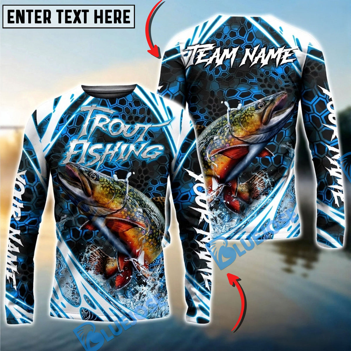 Bluejose Trout Fishing Modern Hexagon Water Splash Custom Name &amp; Team Name 3D Shirts