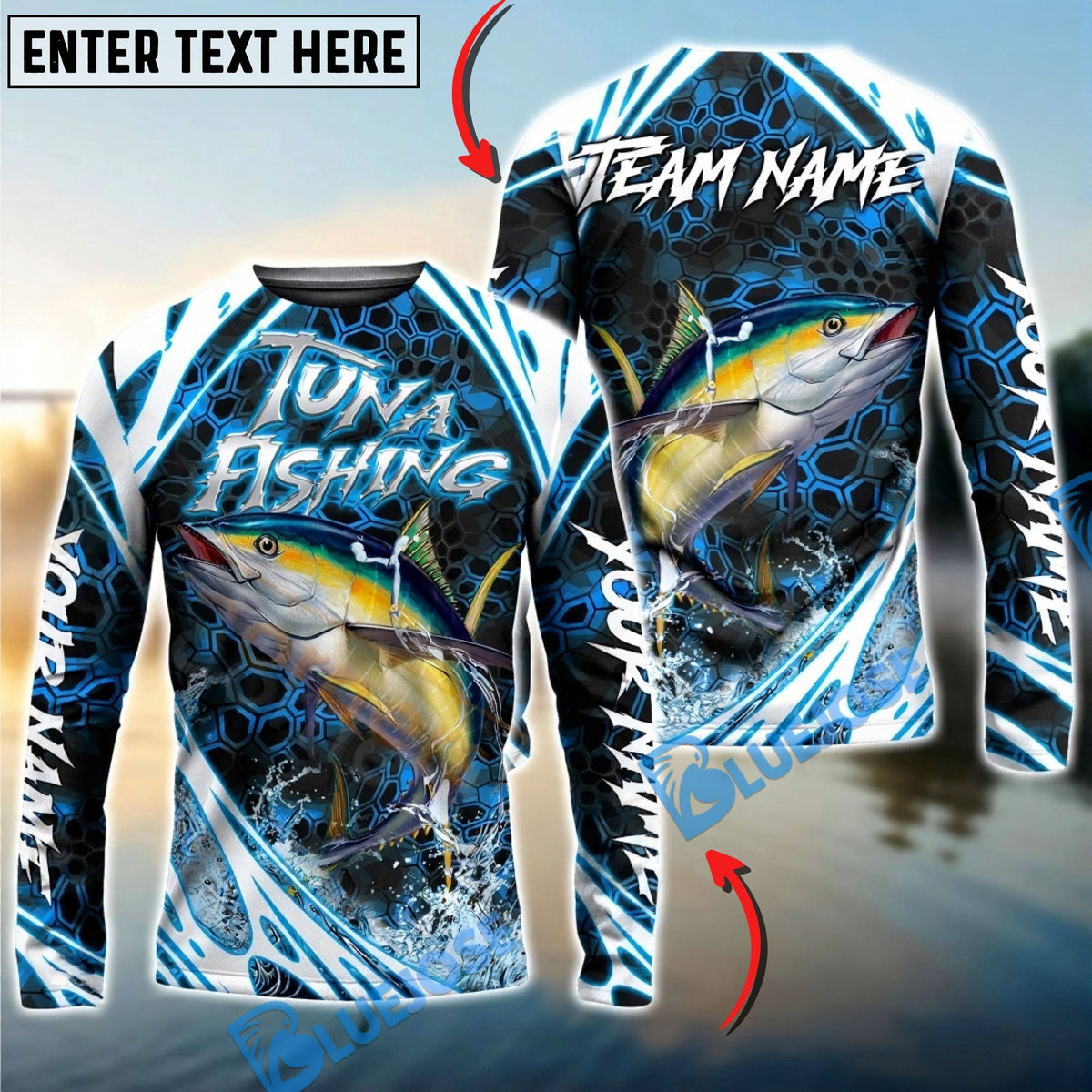 Bluejose Tuna Fishing Modern Hexagon Water Splash Custom Name &amp; Team Name 3D Shirts