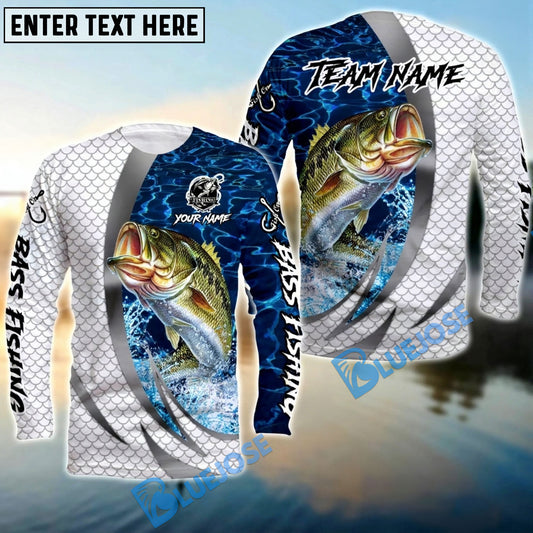 Bluejose Bass Silver Scale Pattern Realistic Jumping Fish Water Splash Custom Name & Team Name 3D Shirts