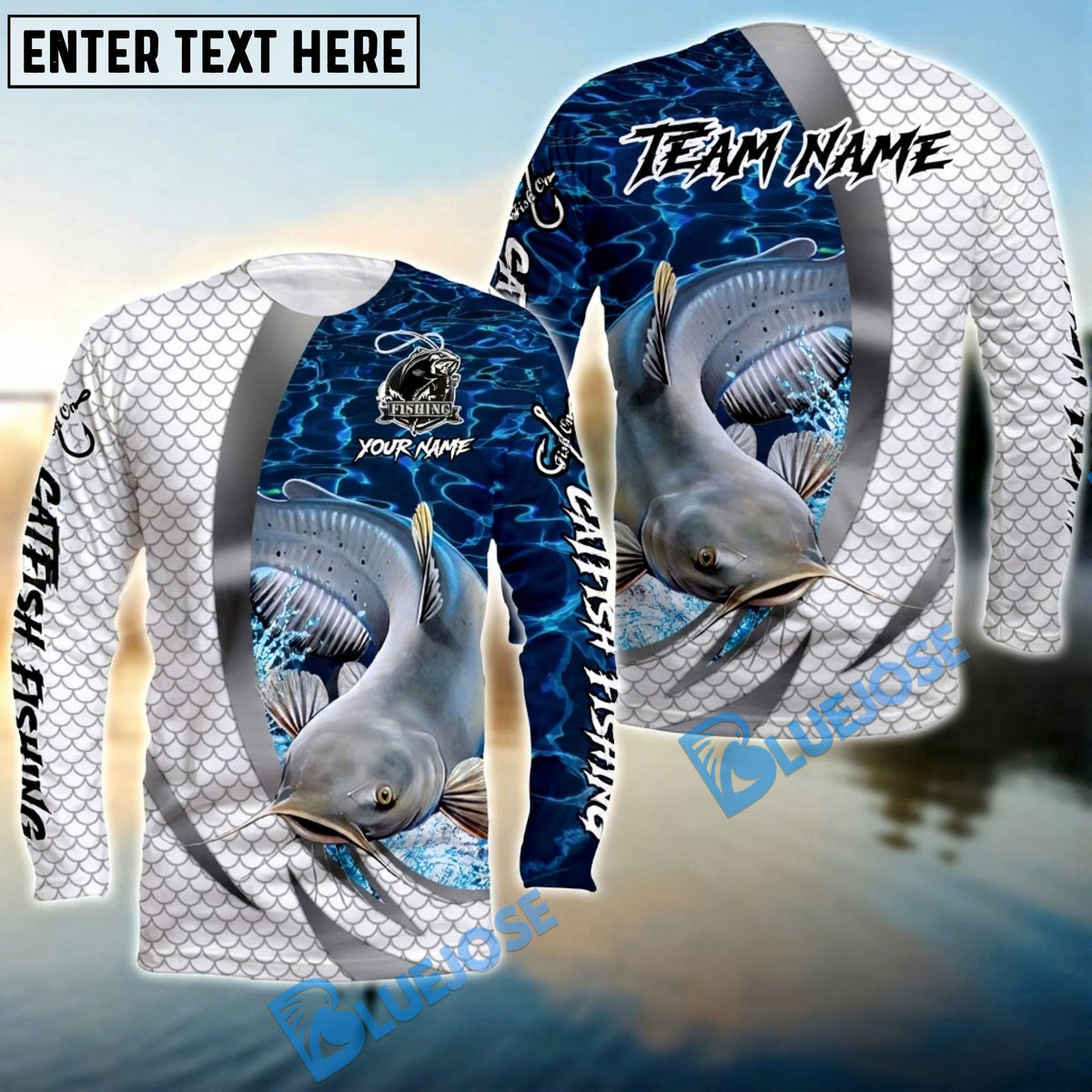 Bluejose Catfish Silver Scale Pattern Realistic Jumping Fish Water Splash Custom Name &amp; Team Name 3D Shirts