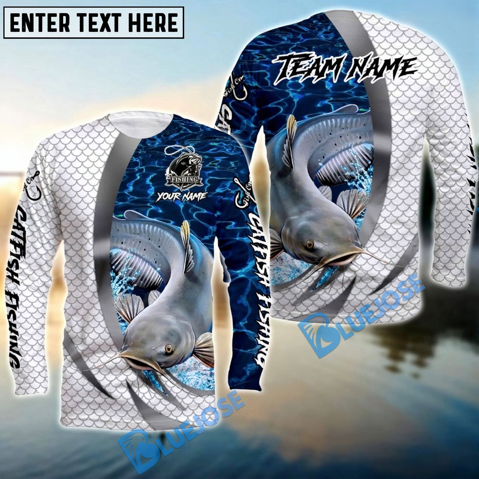 Bluejose Catfish Silver Scale Pattern Realistic Jumping Fish Water Splash Custom Name & Team Name 3D Shirts