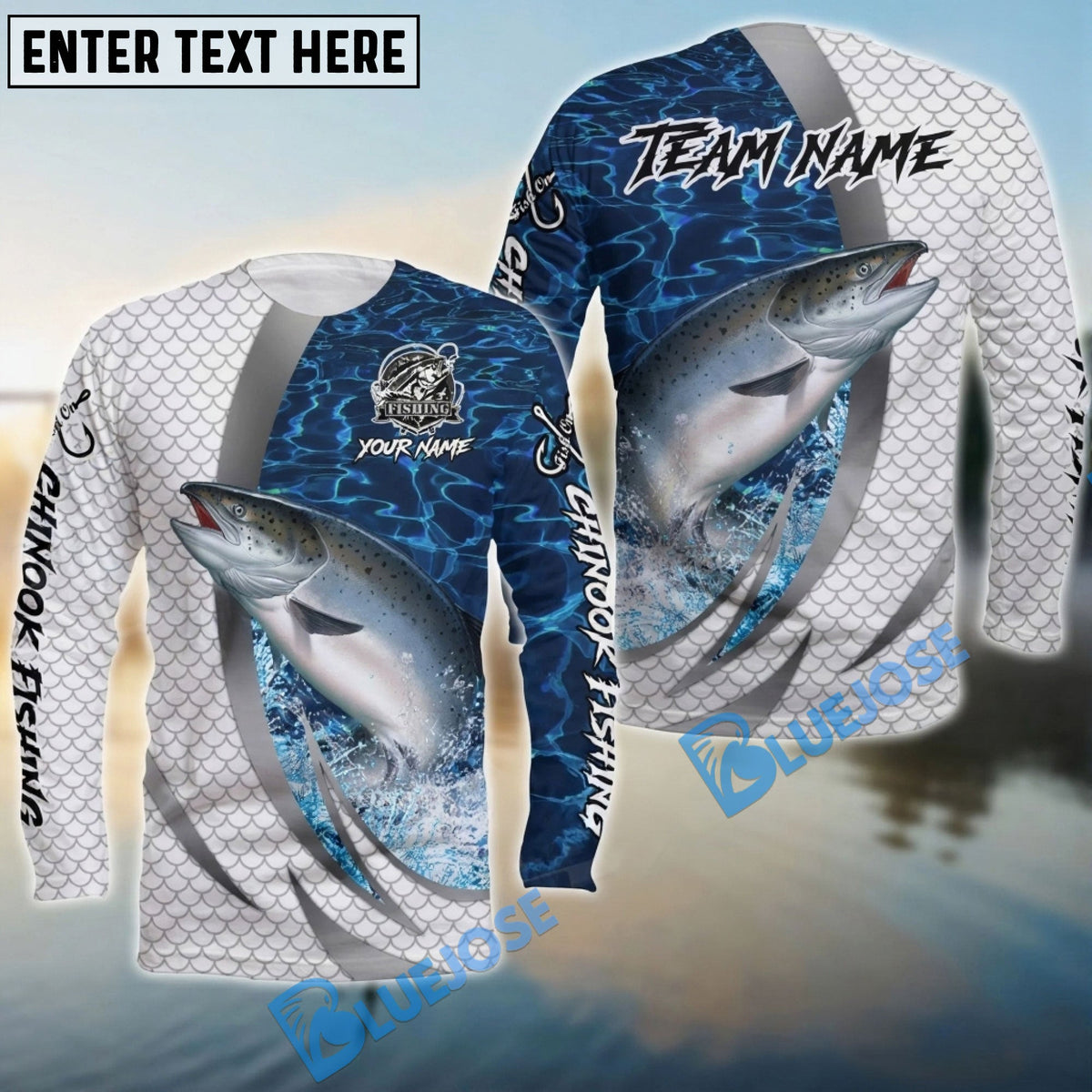 Bluejose Chinook Salmon Silver Scale Pattern Realistic Jumping Fish Water Splash Custom Name &amp; Team Name 3D Shirts