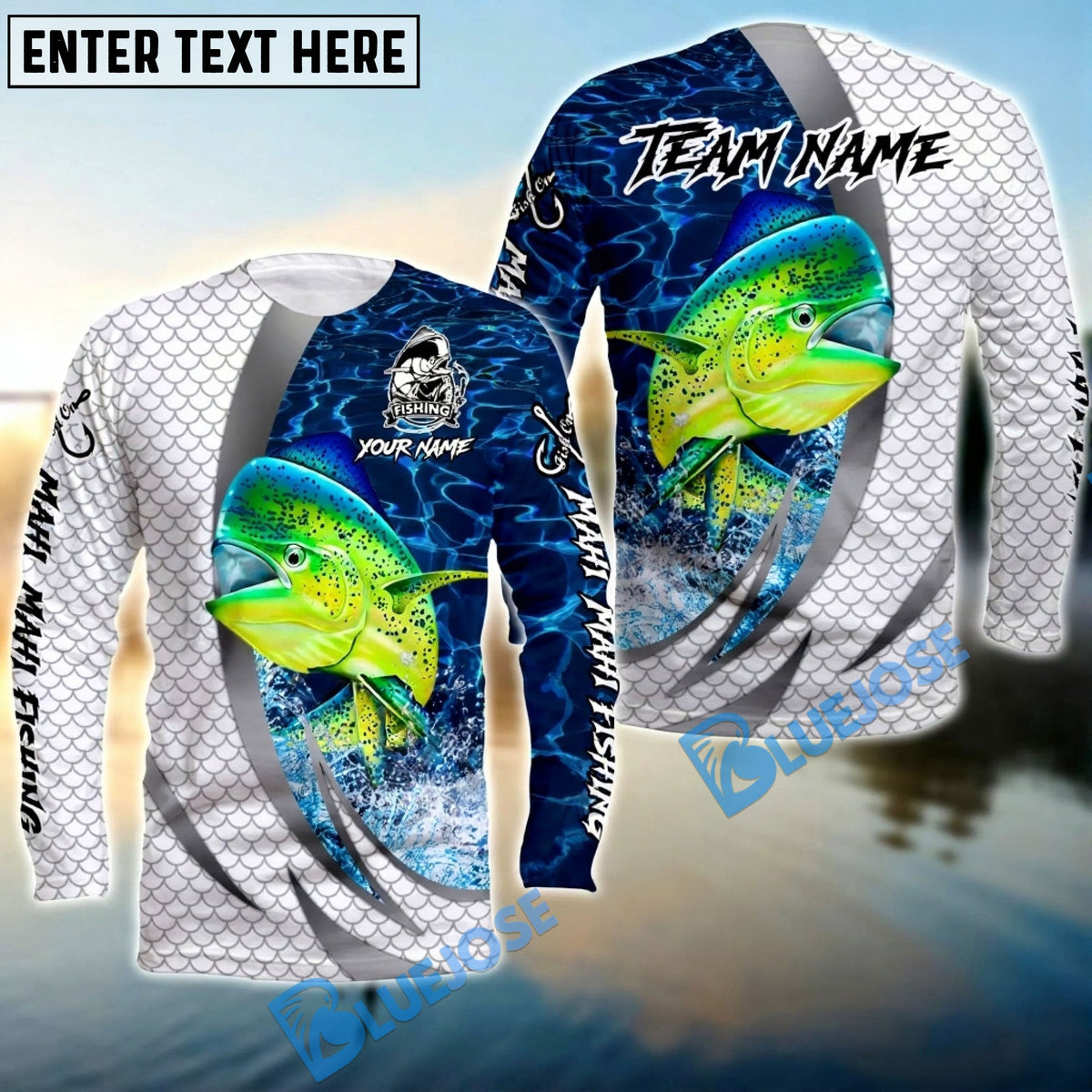 Bluejose Mahi-mahi Silver Scale Pattern Realistic Jumping Fish Water Splash Custom Name &amp; Team Name 3D Shirts