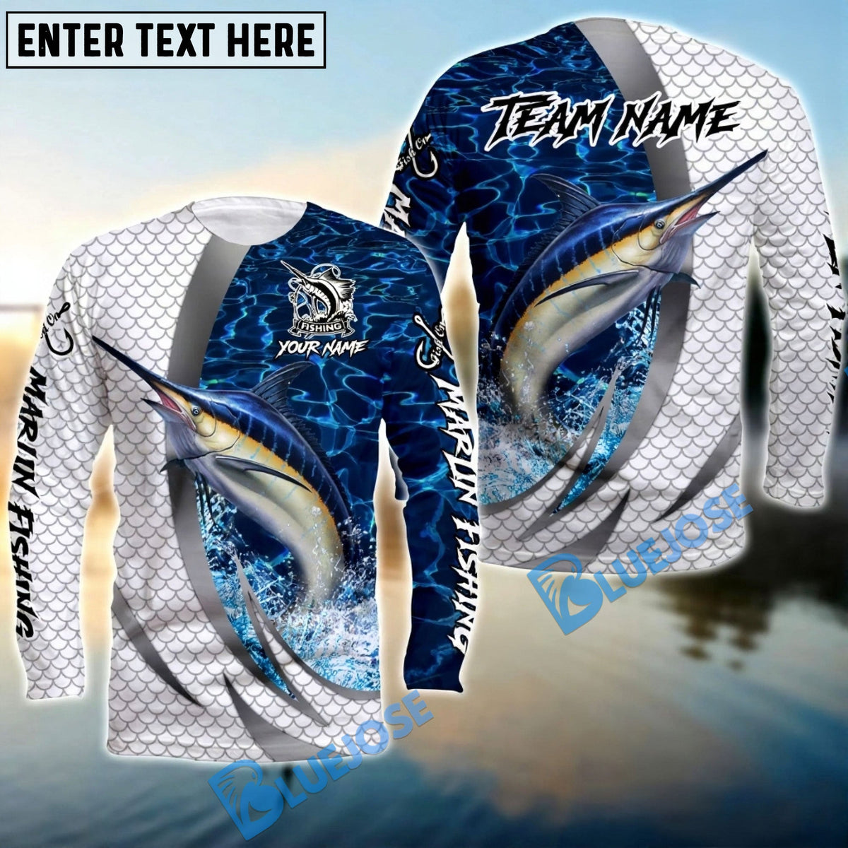 Bluejose Marlin Silver Scale Pattern Realistic Jumping Fish Water Splash Custom Name &amp; Team Name 3D Shirts