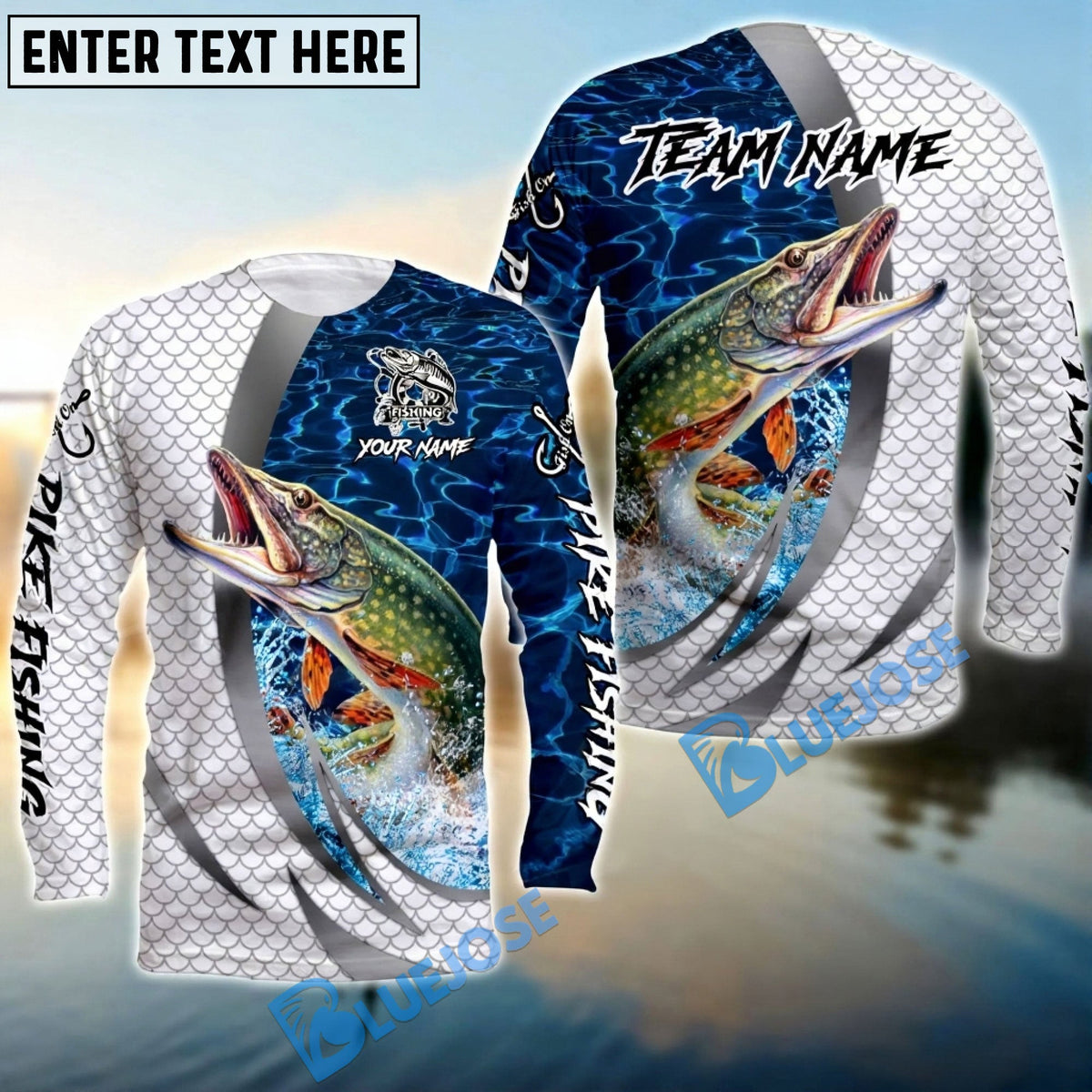 Bluejose Pike Silver Scale Pattern Realistic Jumping Fish Water Splash Custom Name &amp; Team Name 3D Shirts